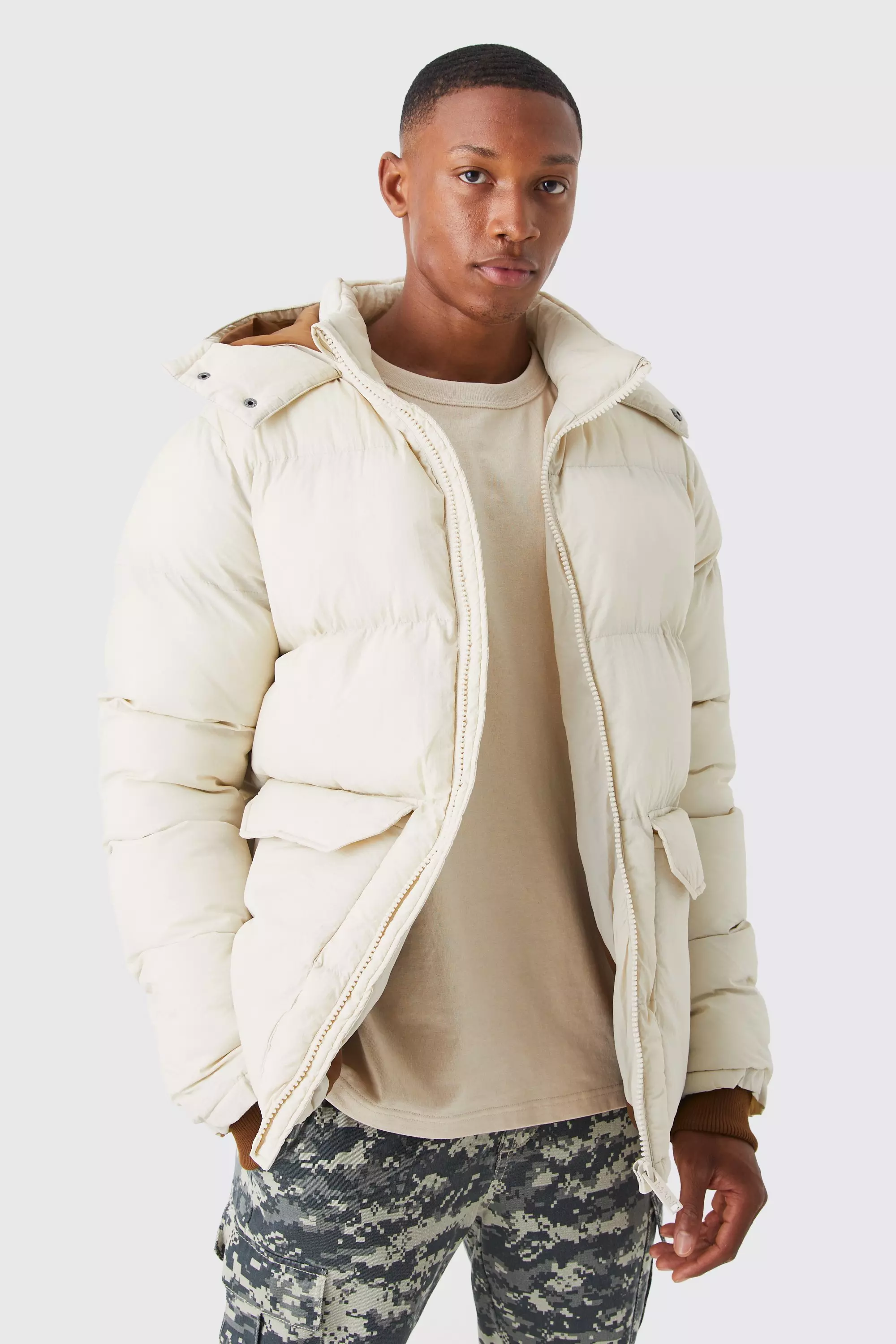 Contrast Hood Mid Length Puffer Ecru