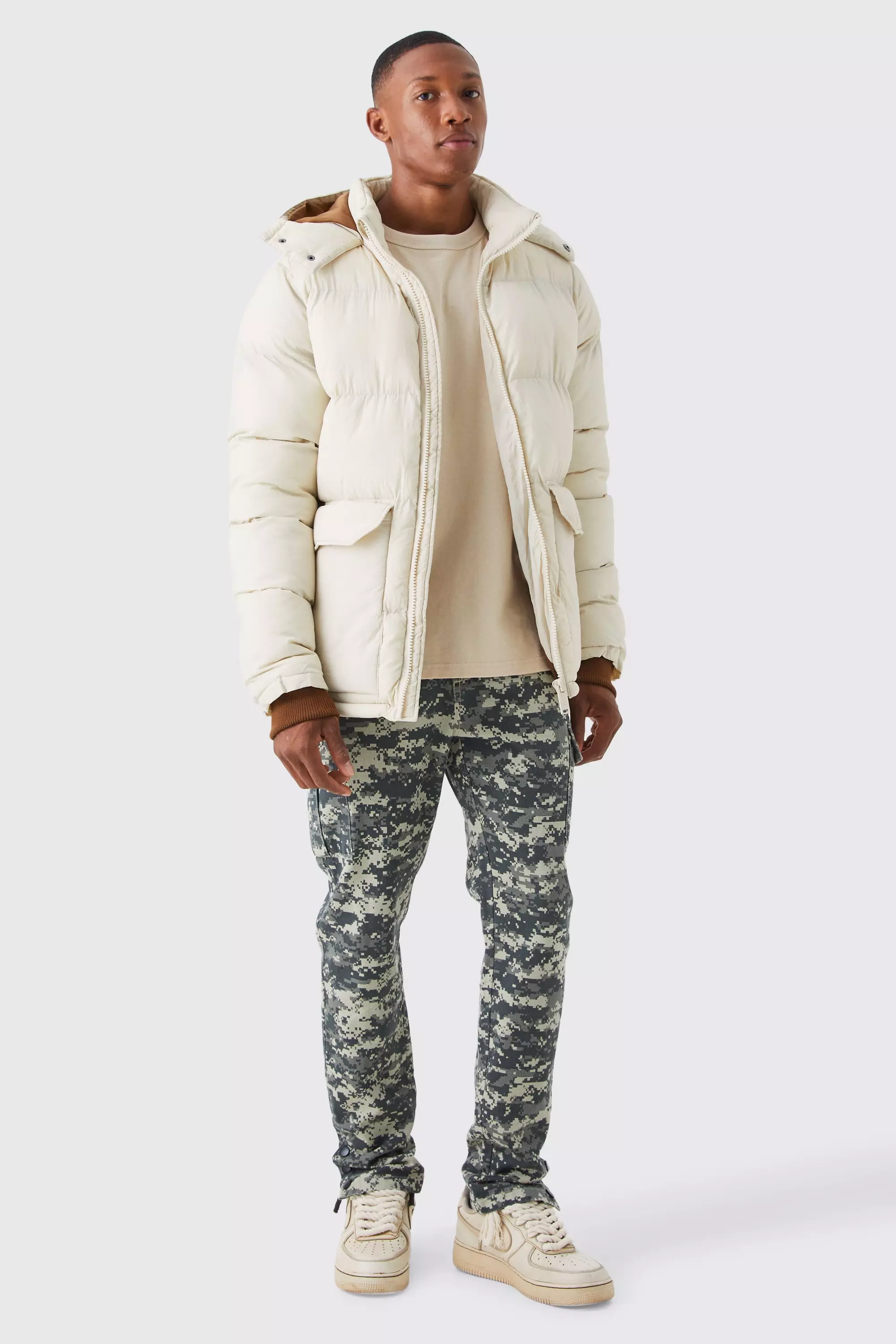 Ecru Contrast Hood Mid Length Puffer alternative image