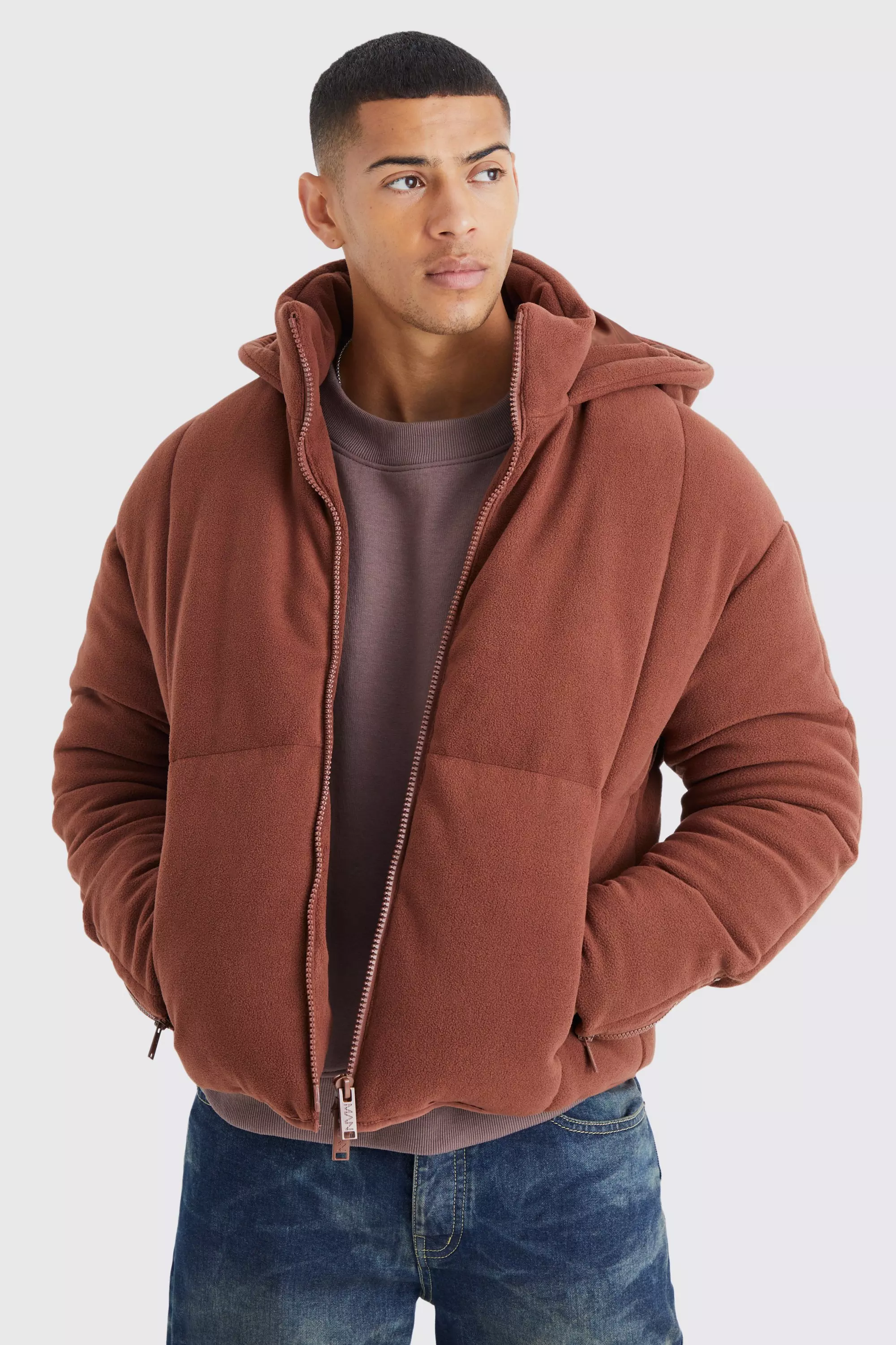 Heavy Fleece Hooded Puffer Tan