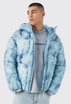 Blue Tie Dye Quilted Puffer With Hood