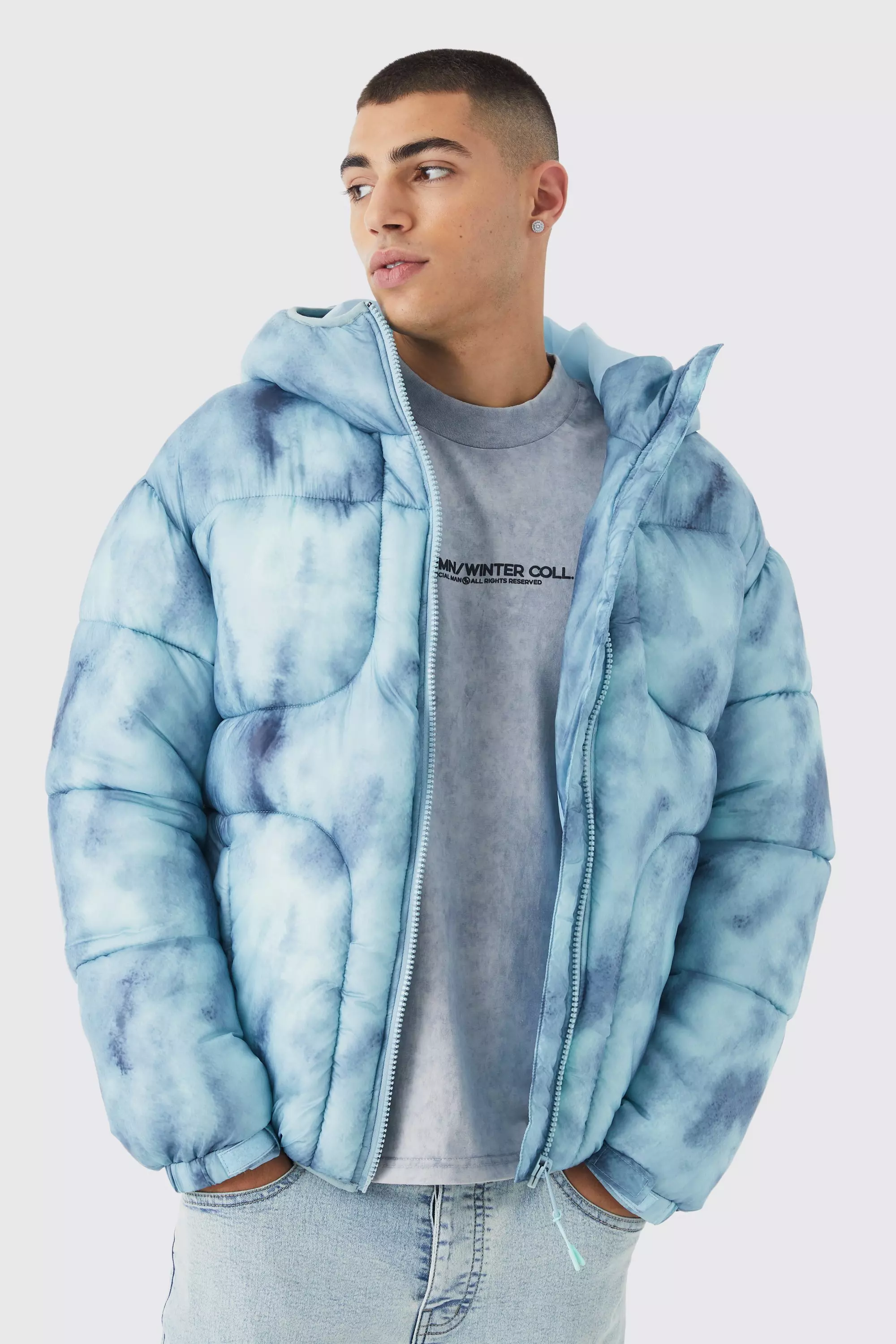 Tie Dye Quilted Puffer With Hood Blue