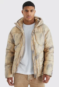 Tie Dye Quilted Puffer With Hood Taupe