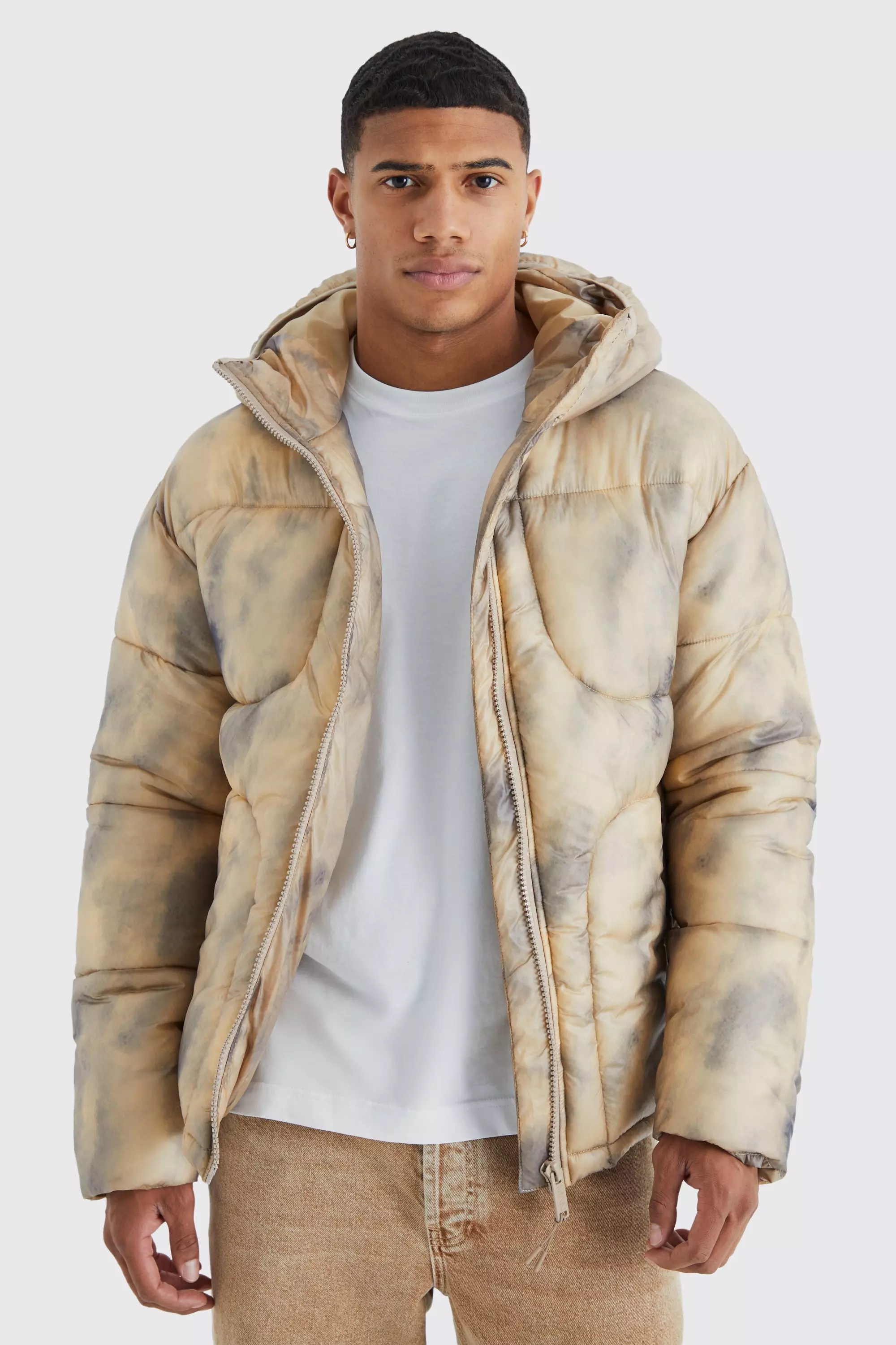 Taupe Beige Tie Dye Quilted Puffer With Hood