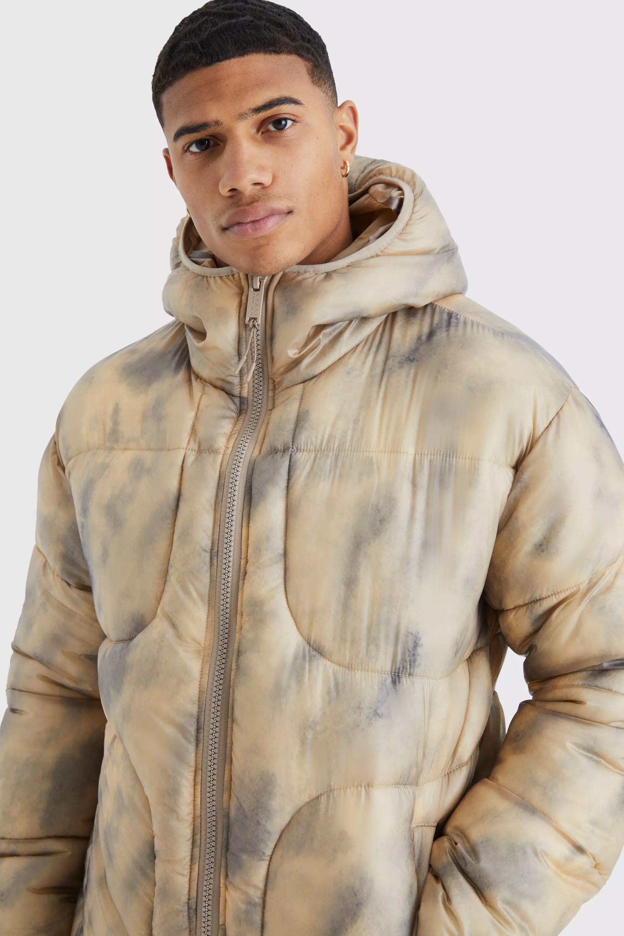 Taupe Tie Dye Quilted Puffer With Hood alternative image