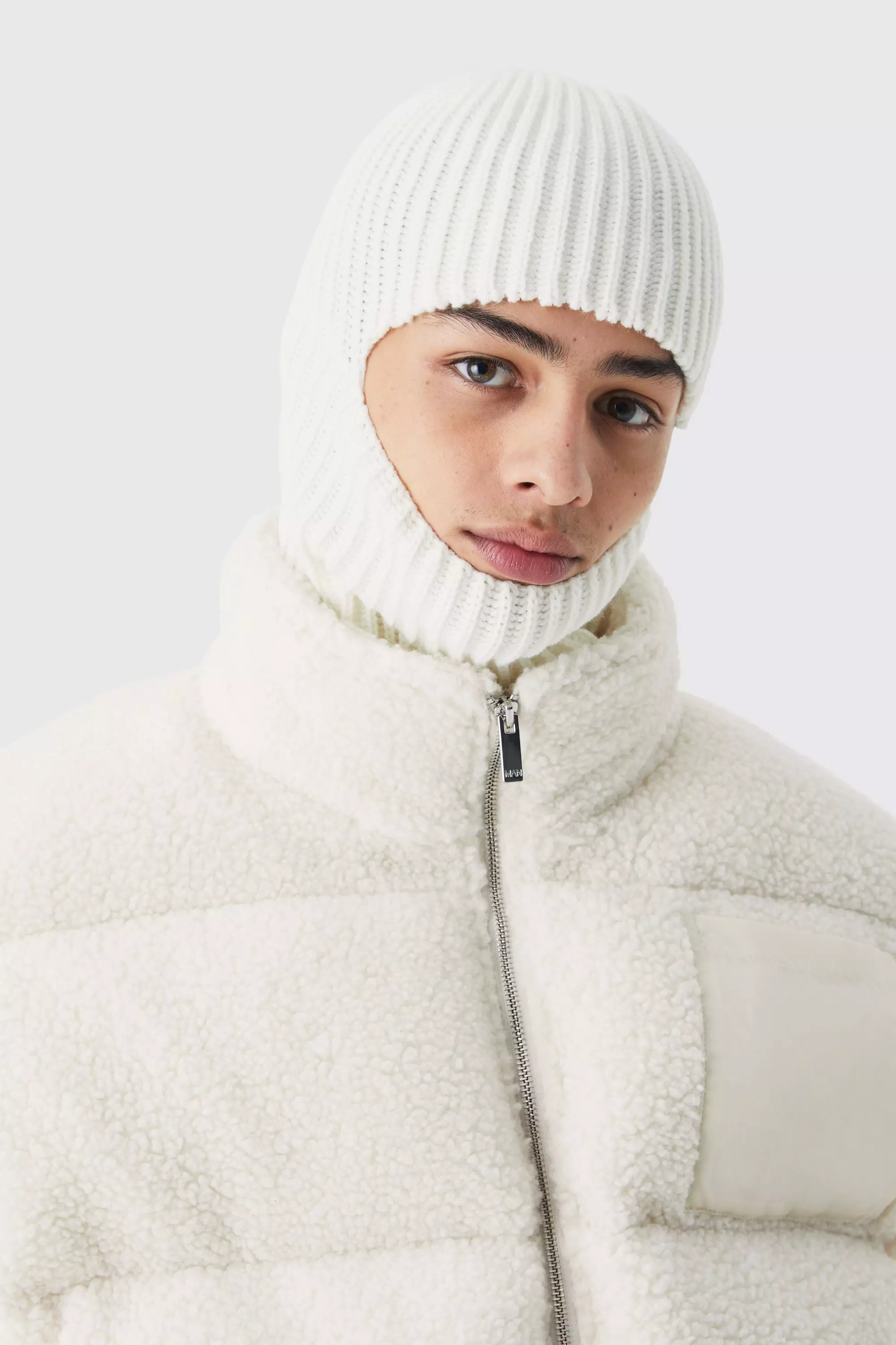 Contrast Rib Knitted Hood Ecru