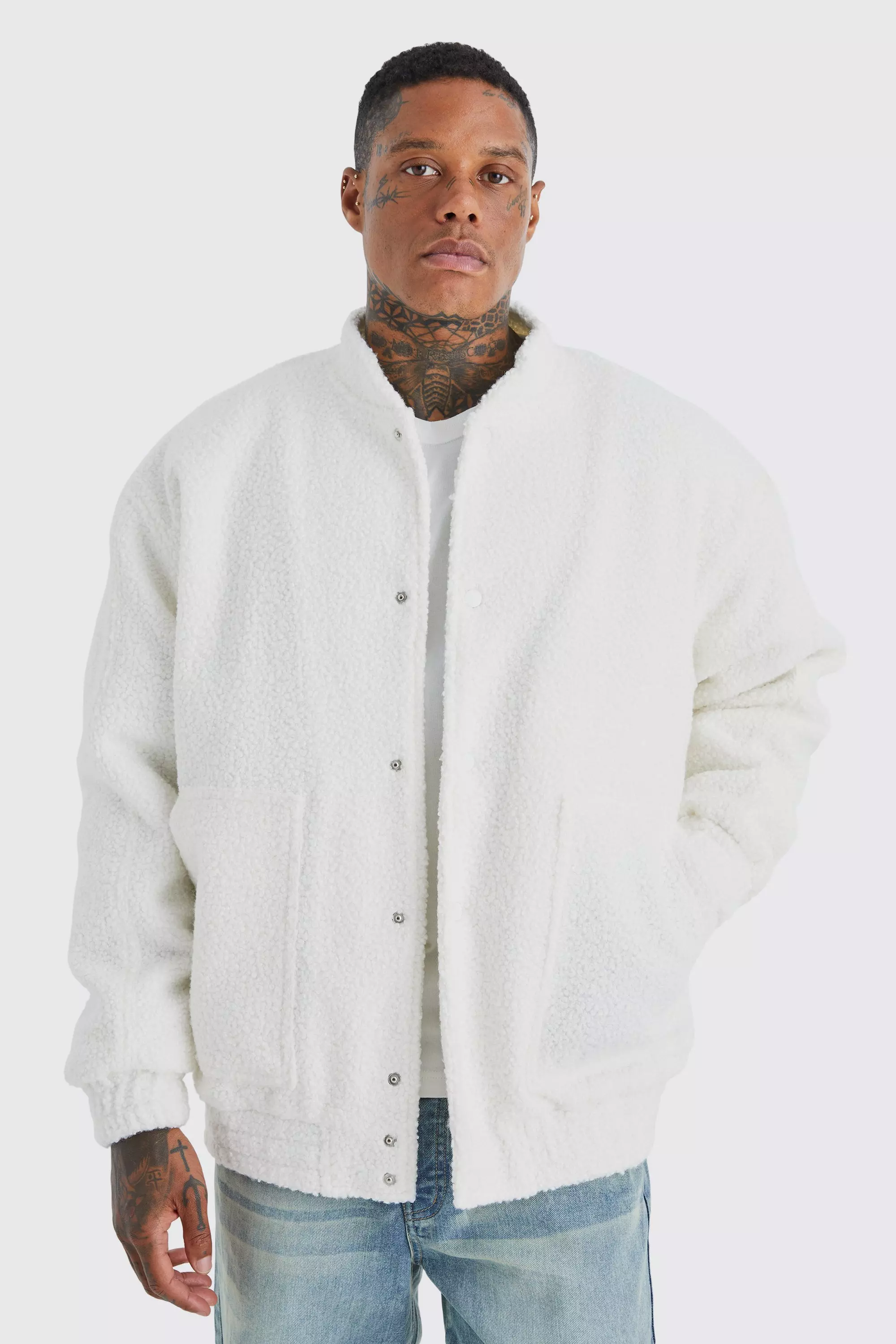 Ecru White Oversized Heavy Boucle Textured Bomber