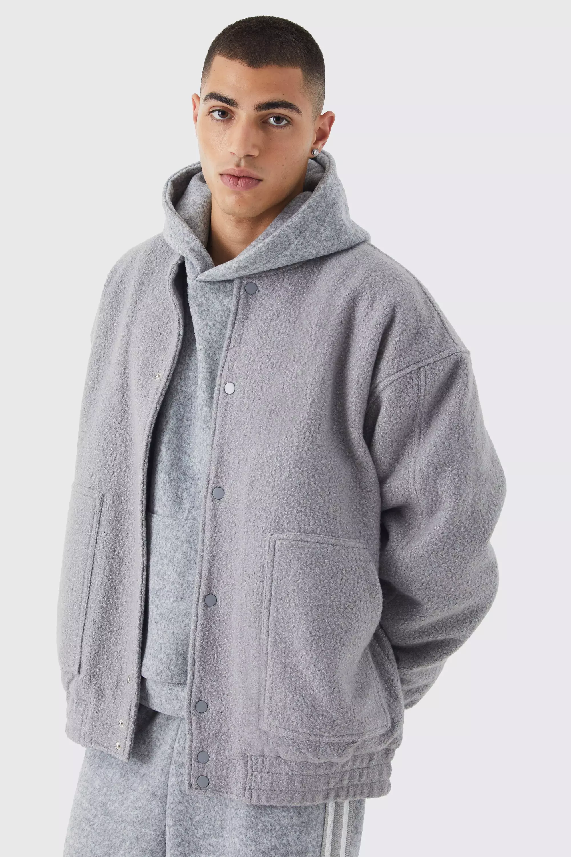 Oversized Heavy Boucle Textured Bomber Grey marl