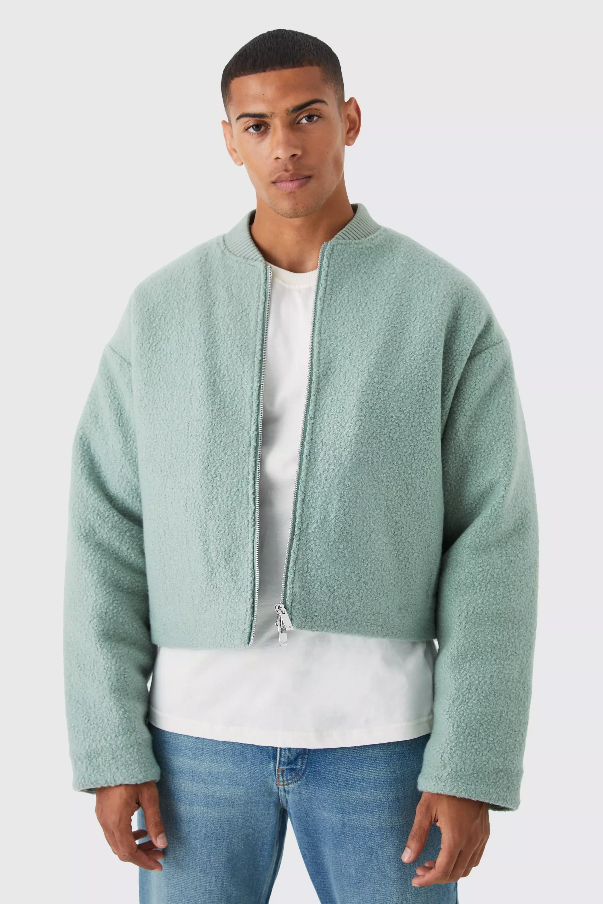 Sage Green Boucle Textured Padded Bomber