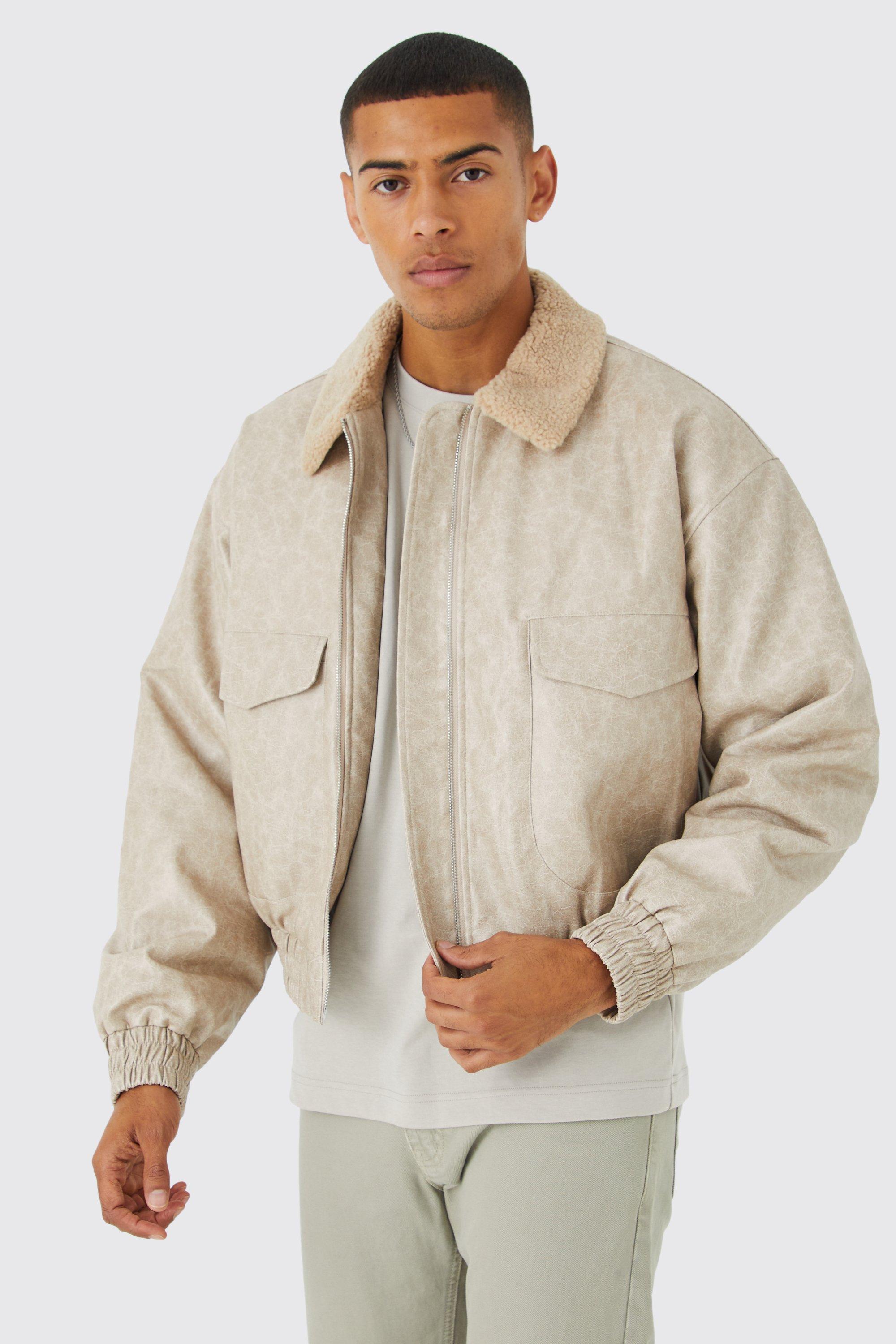 boohooMAN Faux Fur Lined Suede Aviator Jacket - Tan - Size M