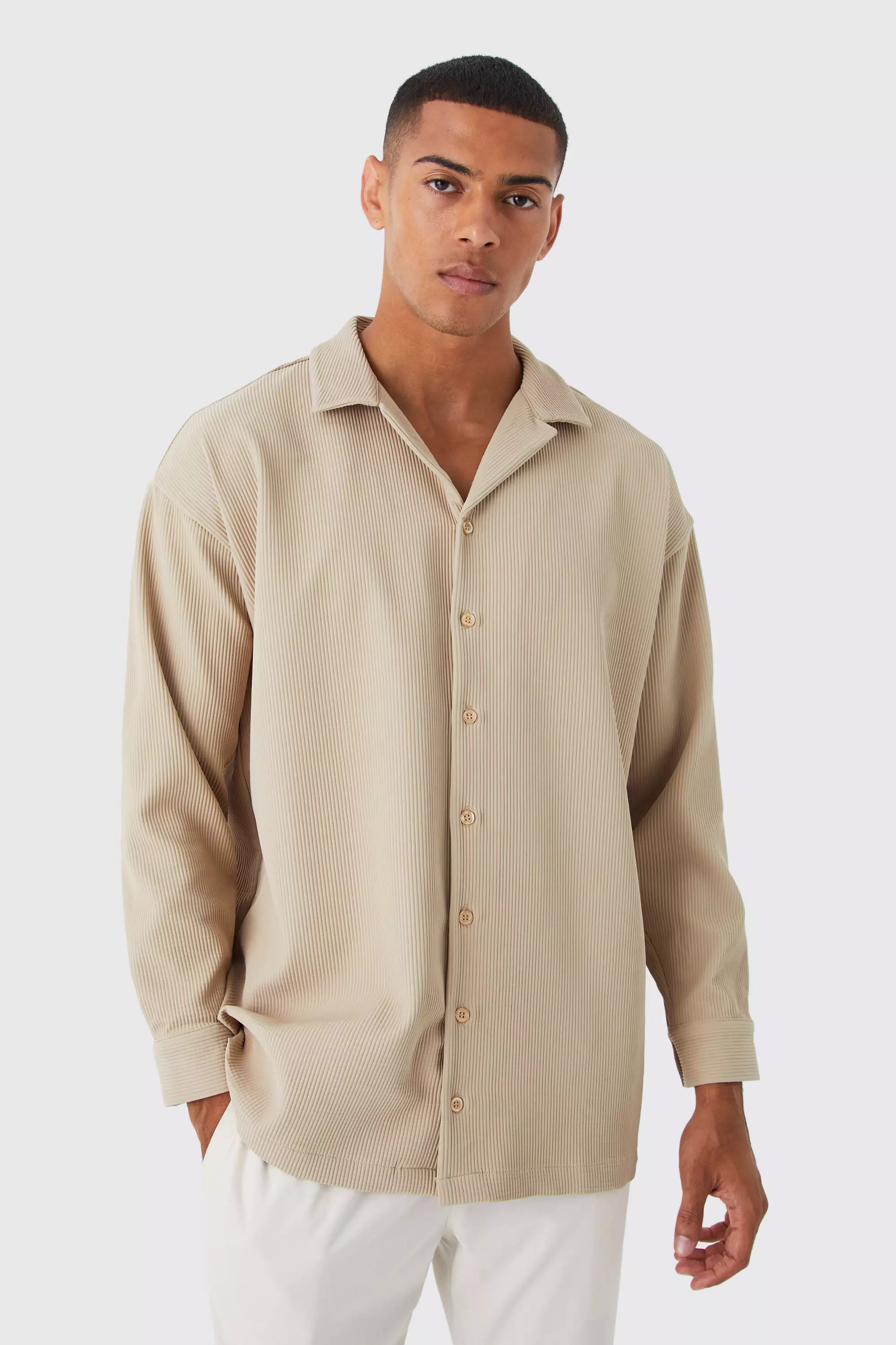 Long Sleeve Pleated Oversized Shirt Stone