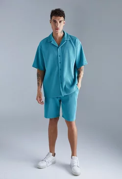Short Sleeve Oversized Pleated Shirt & Short Set Teal