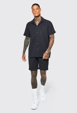 Black Oversized Short Sleeve Pleated Shirt And Short