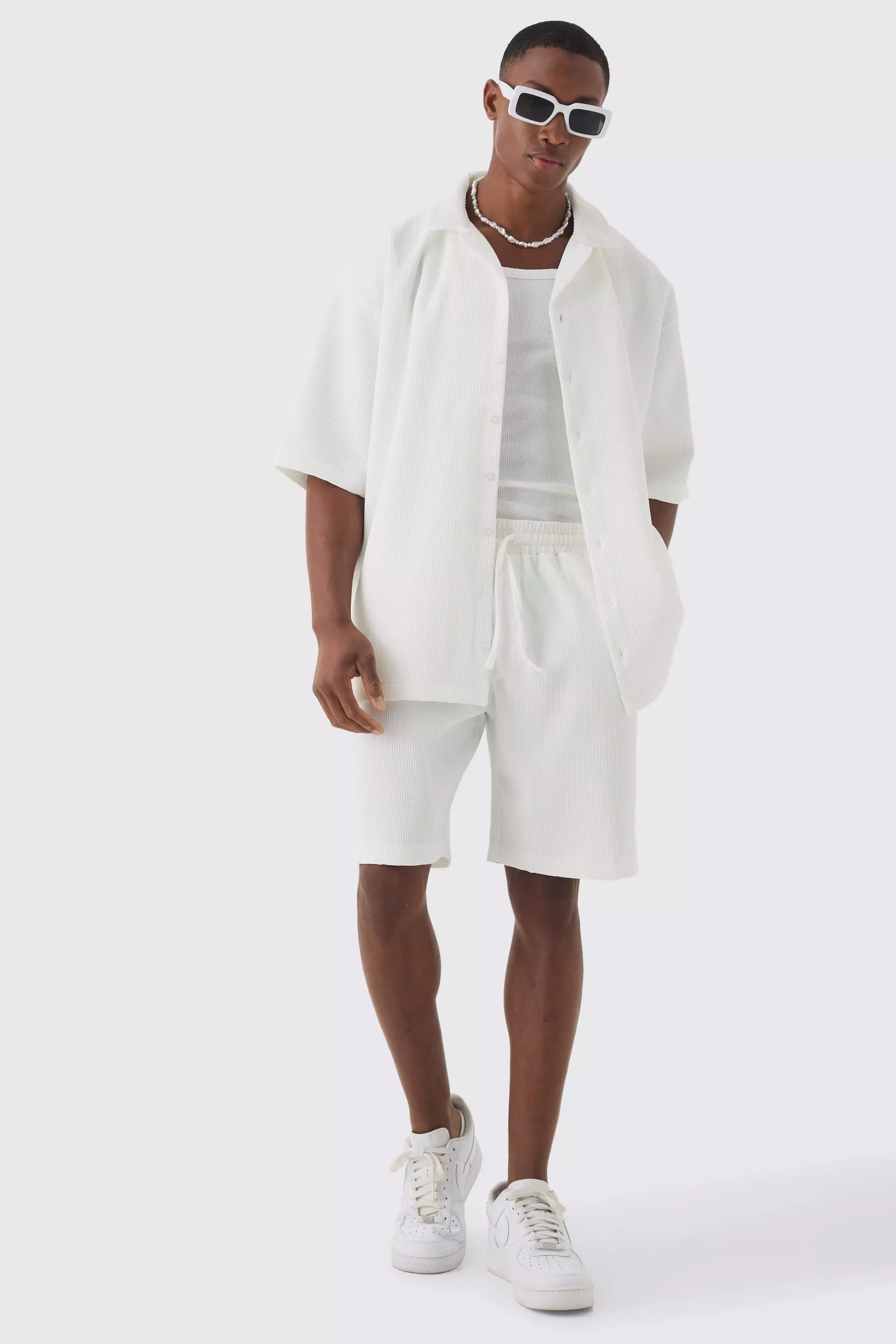 White Oversized Short Sleeve Pleated Shirt And Short