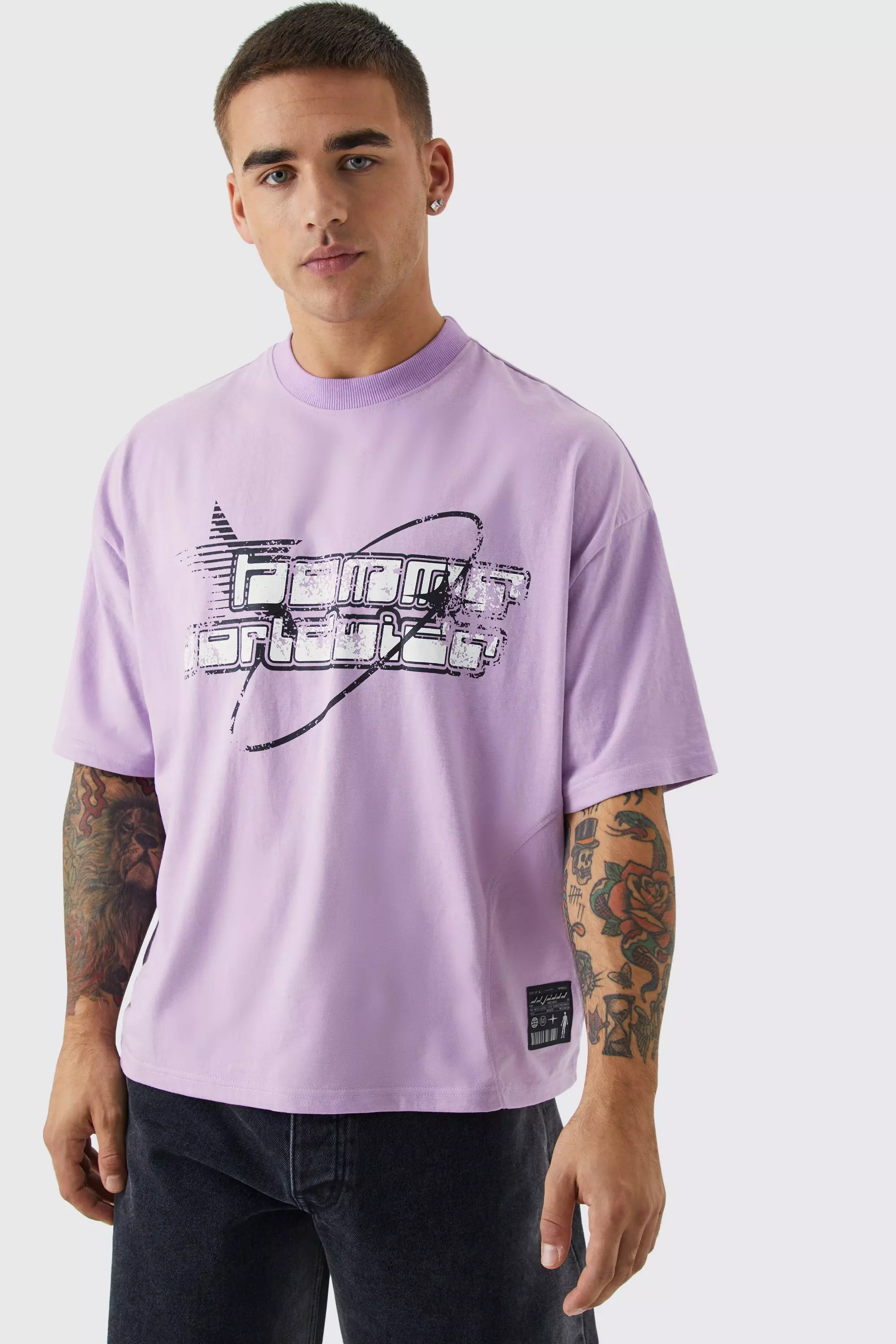 Oversized Boxy Homme Star Panel T-shirt Lilac