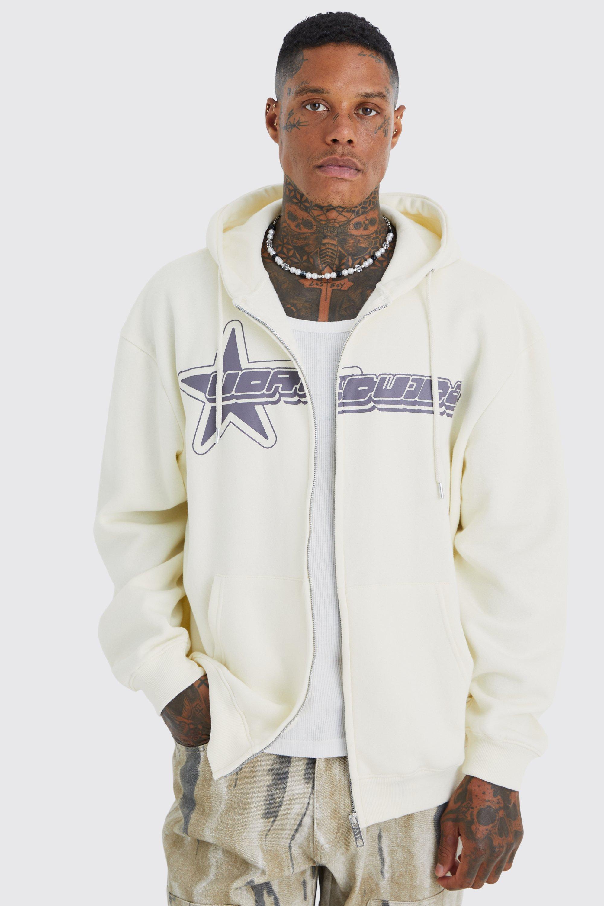 Oversized Worldwide Star Zip Through Hoodie | boohooMAN USA