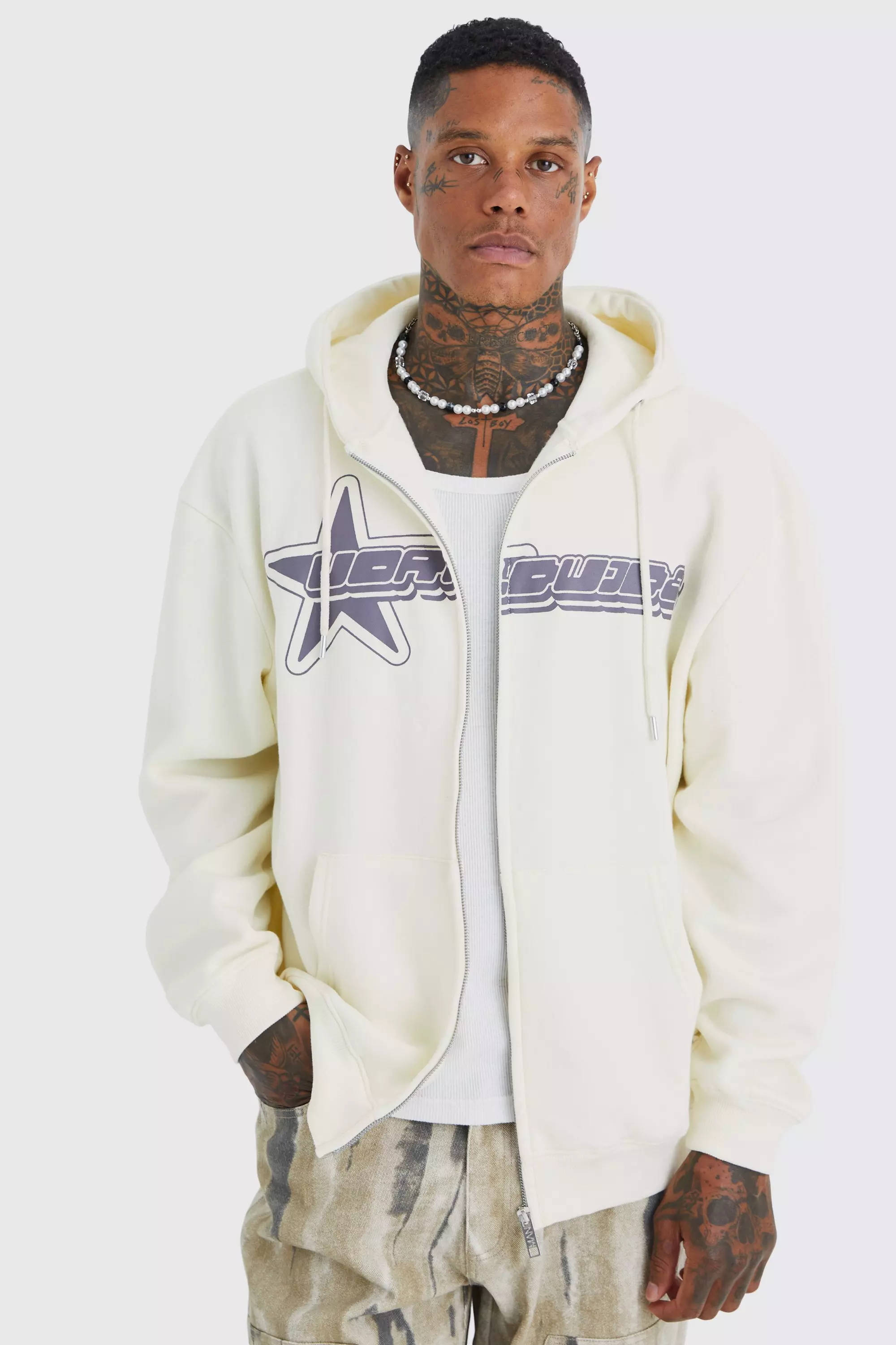 Oversized Worldwide Star Zip Through Hoodie Ecru