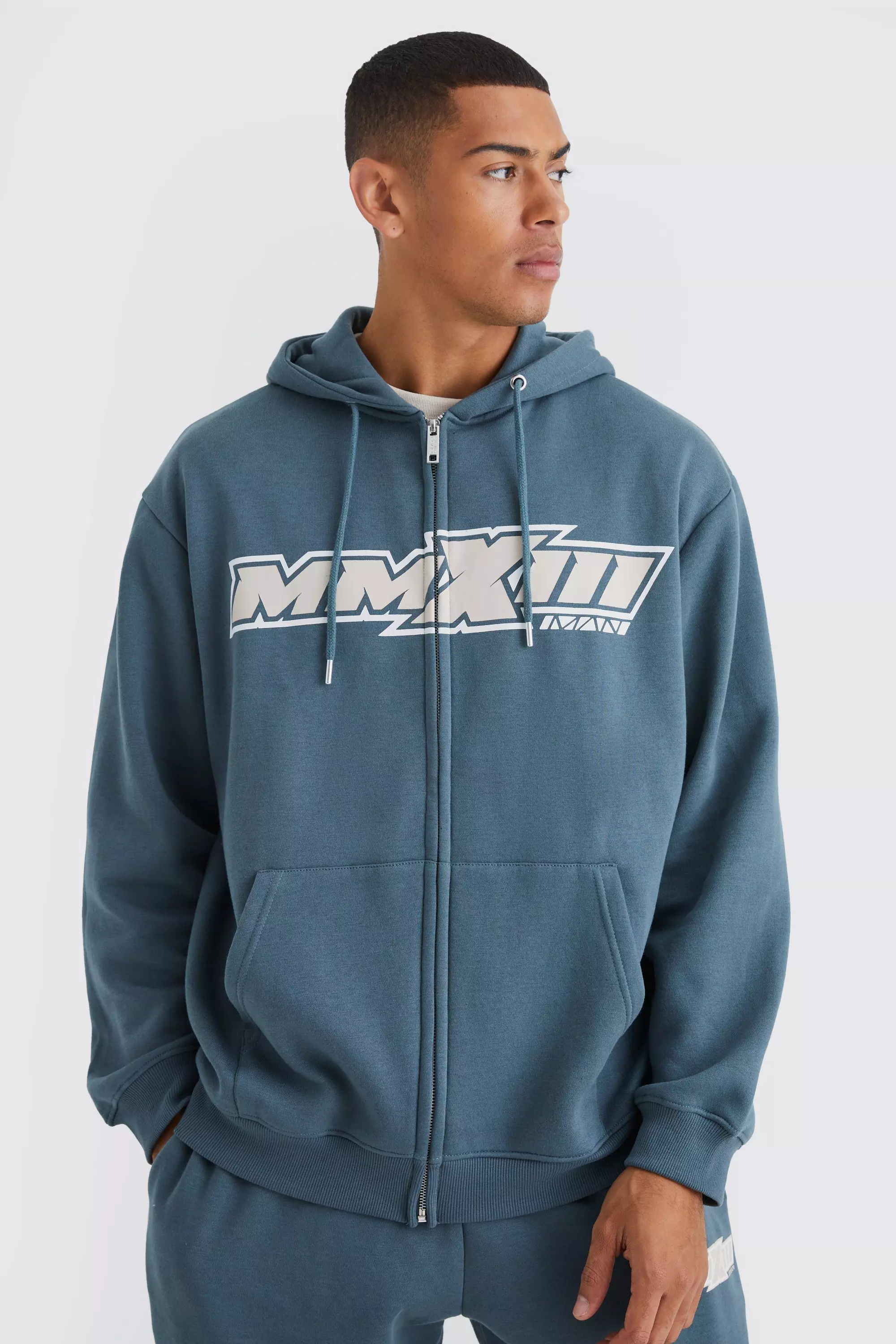 Oversized Moto Print Zip Through Hoodie slate blue