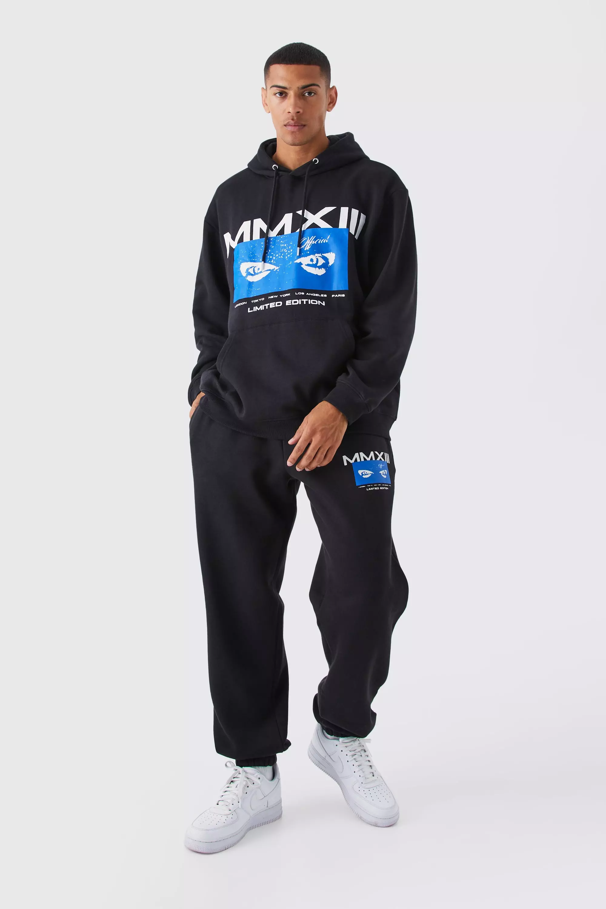 Black Oversized Homme Eyes Graphic Hooded Tracksuit