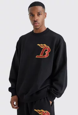 Oversized Extended Neck Flames Sweatshirt Black