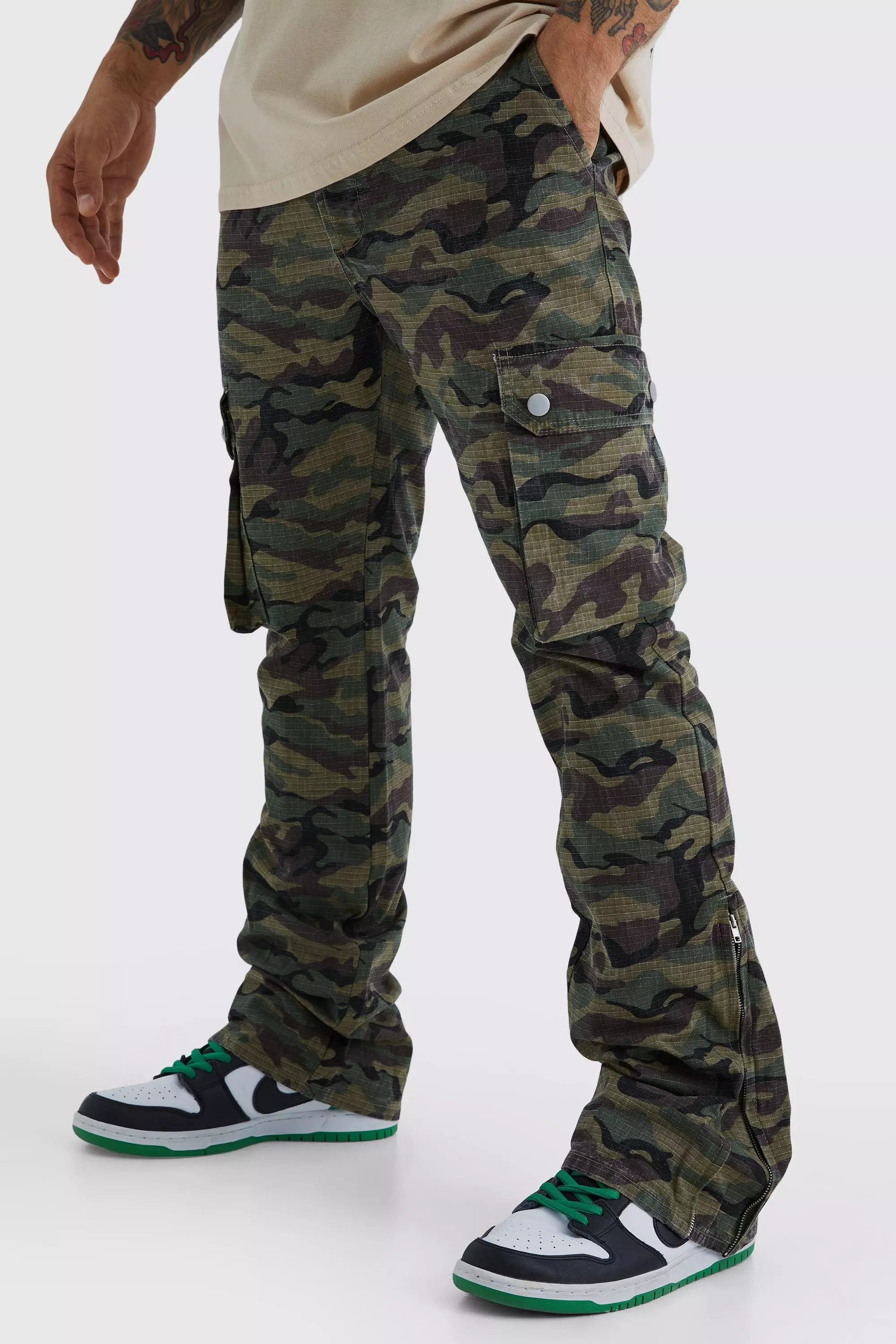 Slim Stacked Zip Gusset Cargo Camo Ripstop Pants Khaki