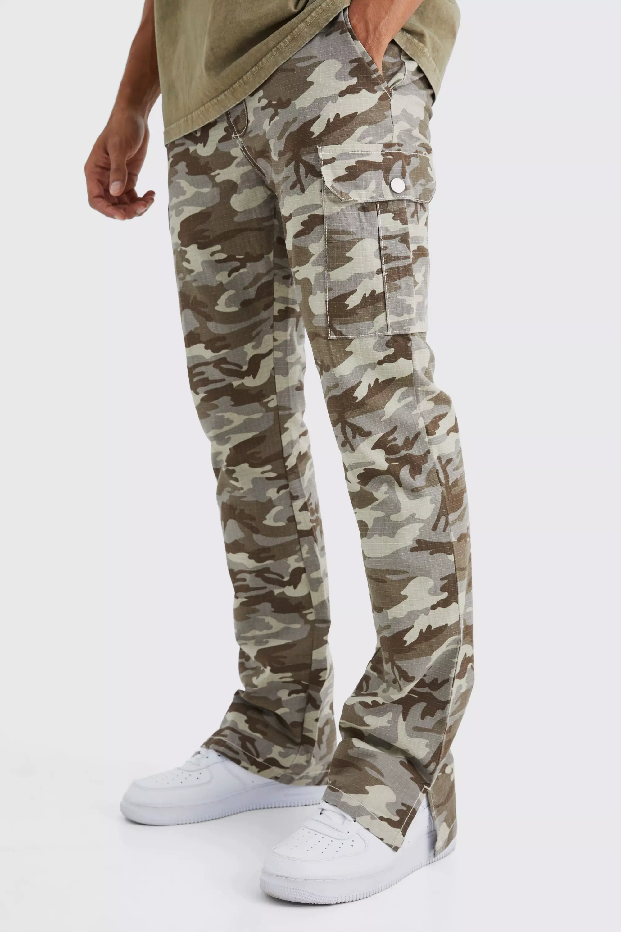 Slim Stacked Ripstop Split Hem Cargo Camo Pants Chocolate