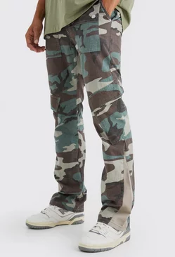 Chocolate Brown Slim Stacked Gusset Flare Multi Cargo Camo Pants