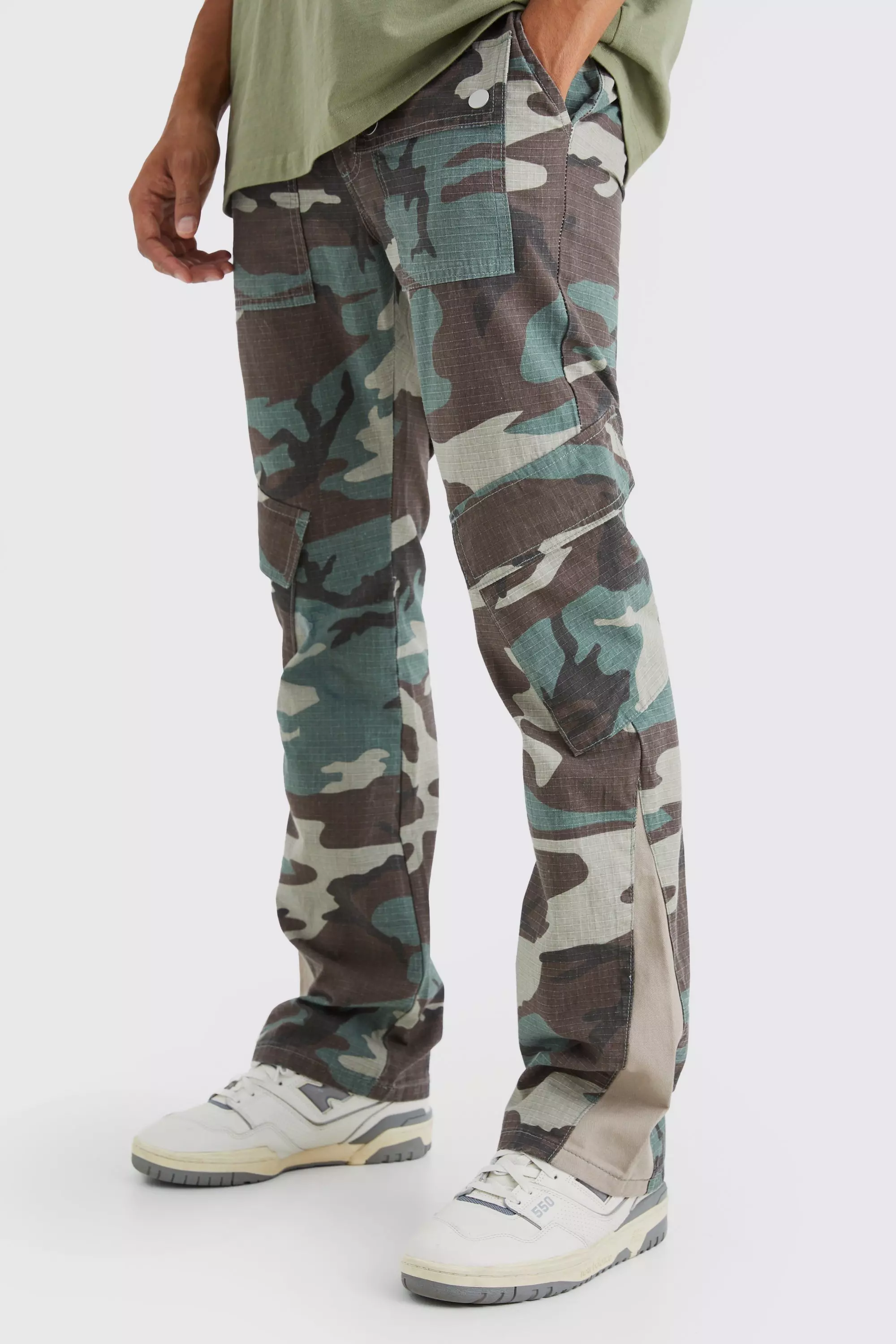 Chocolate Brown Slim Stacked Gusset Flare Multi Cargo Camo Pants