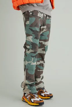 Khaki Slim Stacked Gusset Flare Multi Cargo Camo Pants