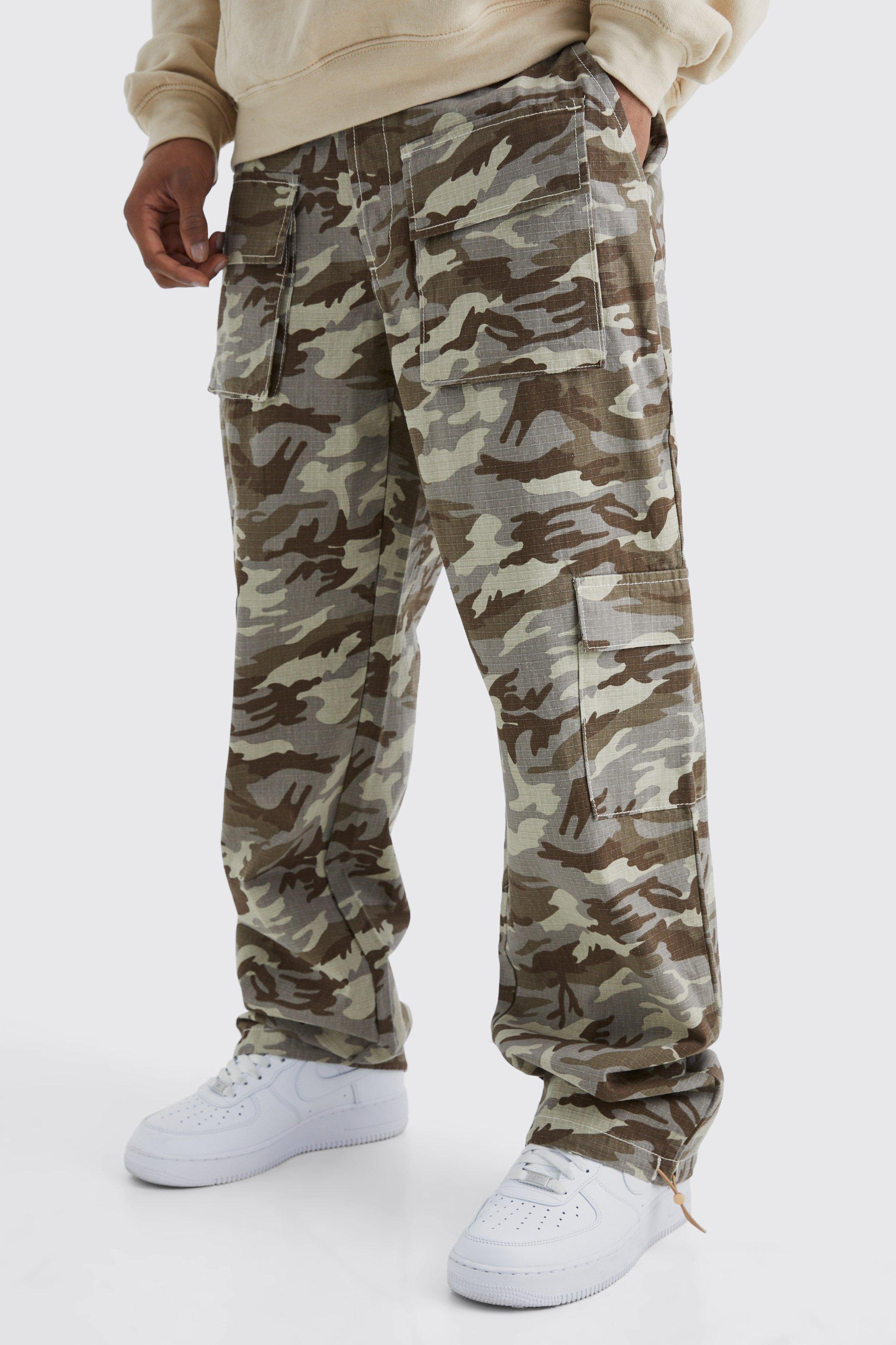 boohooMAN Men's Slim Gusset Flare Camo Cargo Pants