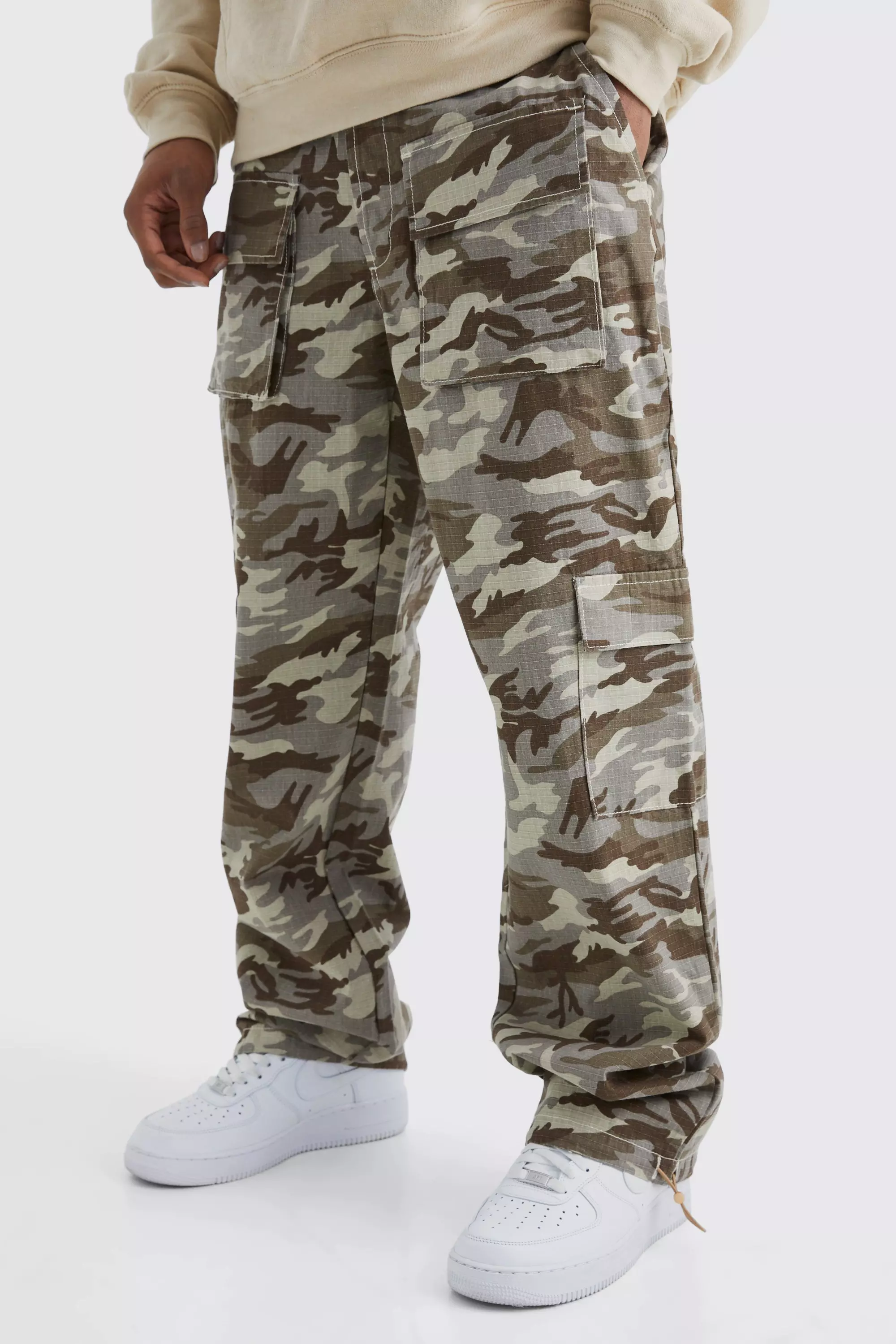 Chocolate Brown Relaxed Multi Cargo Ripstop Camo Pants