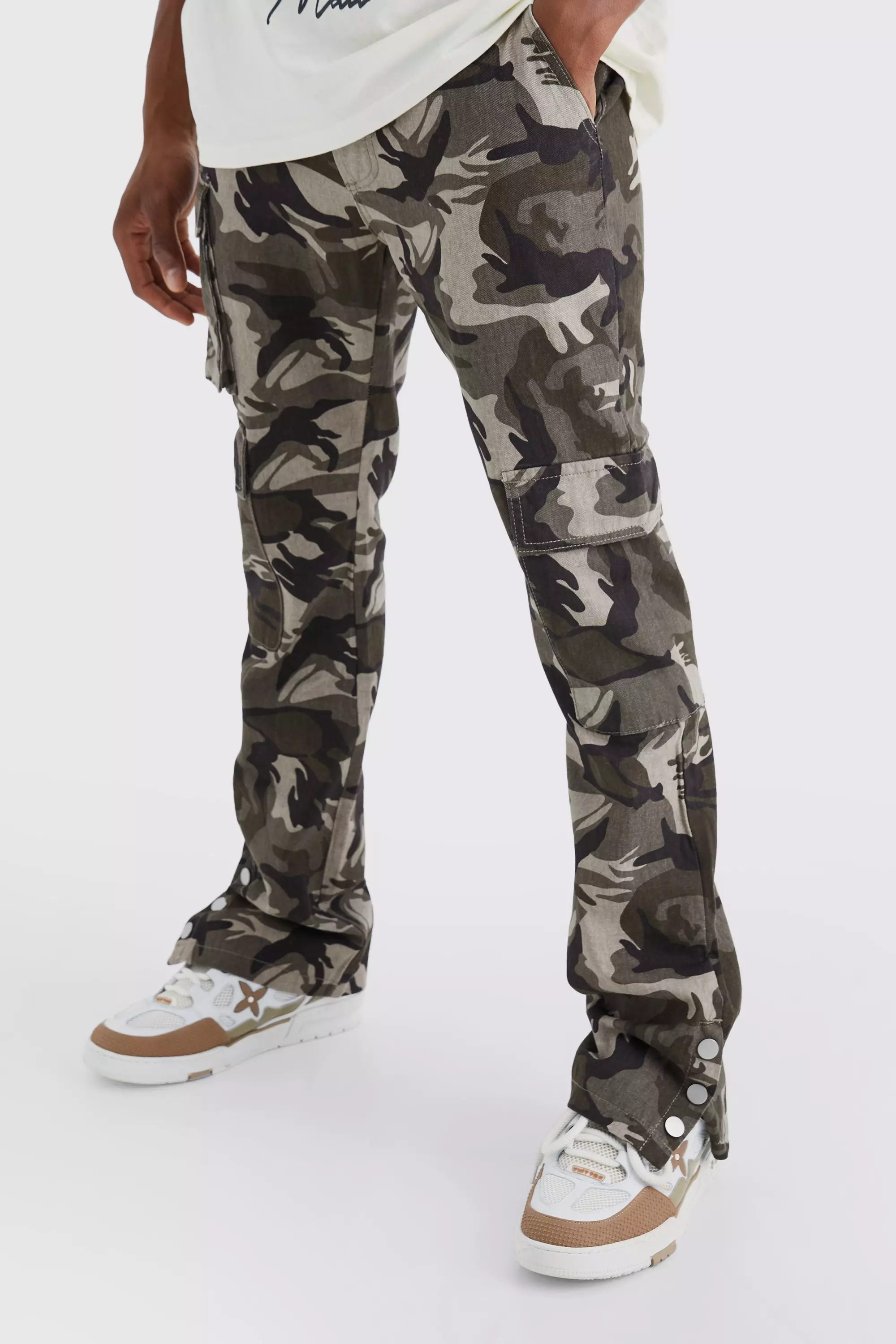 Chocolate Brown Slim Stacked Popper Hem Multi Cargo Camo Pants