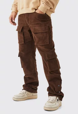 Fixed Waist Relaxed Multi Cargo Popper Hem Cord Pants Chocolate