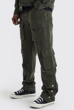 Fixed Waist Relaxed Multi Cargo Popper Hem Cord Pants Olive