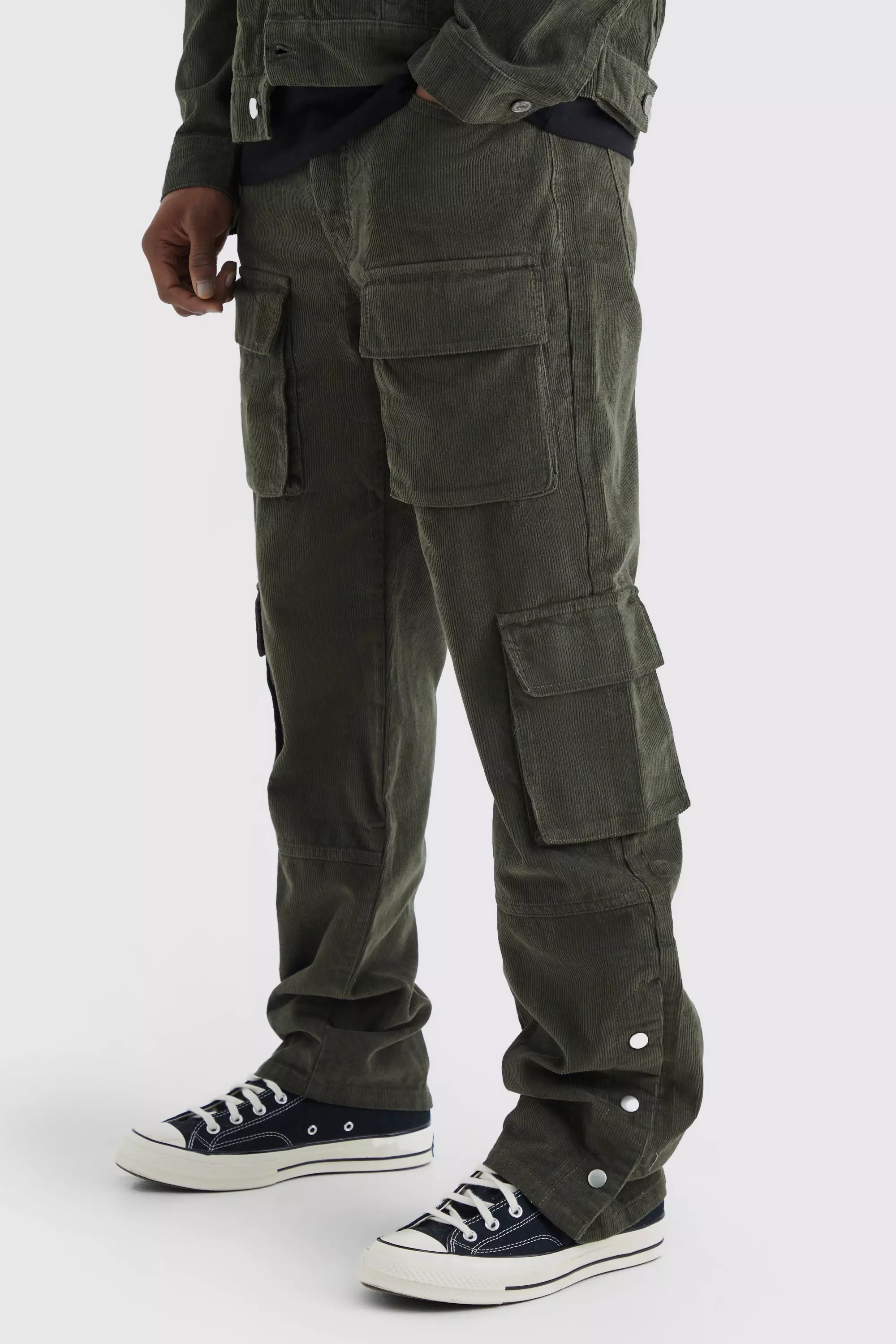 Fixed Waist Relaxed Multi Cargo Popper Hem Cord Pants Olive