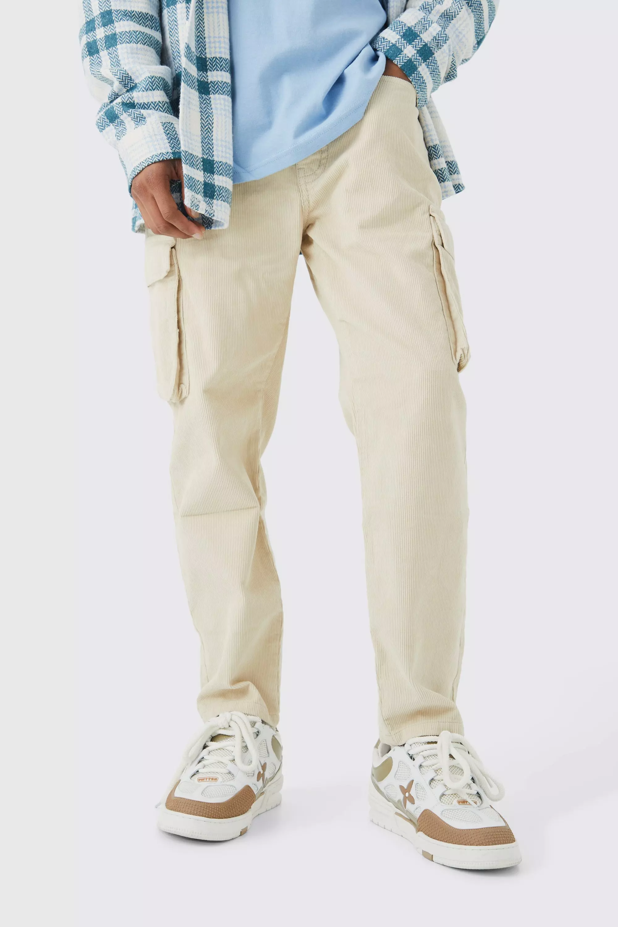Fixed Waist Relaxed Tapered Cargo Cord Pants Stone