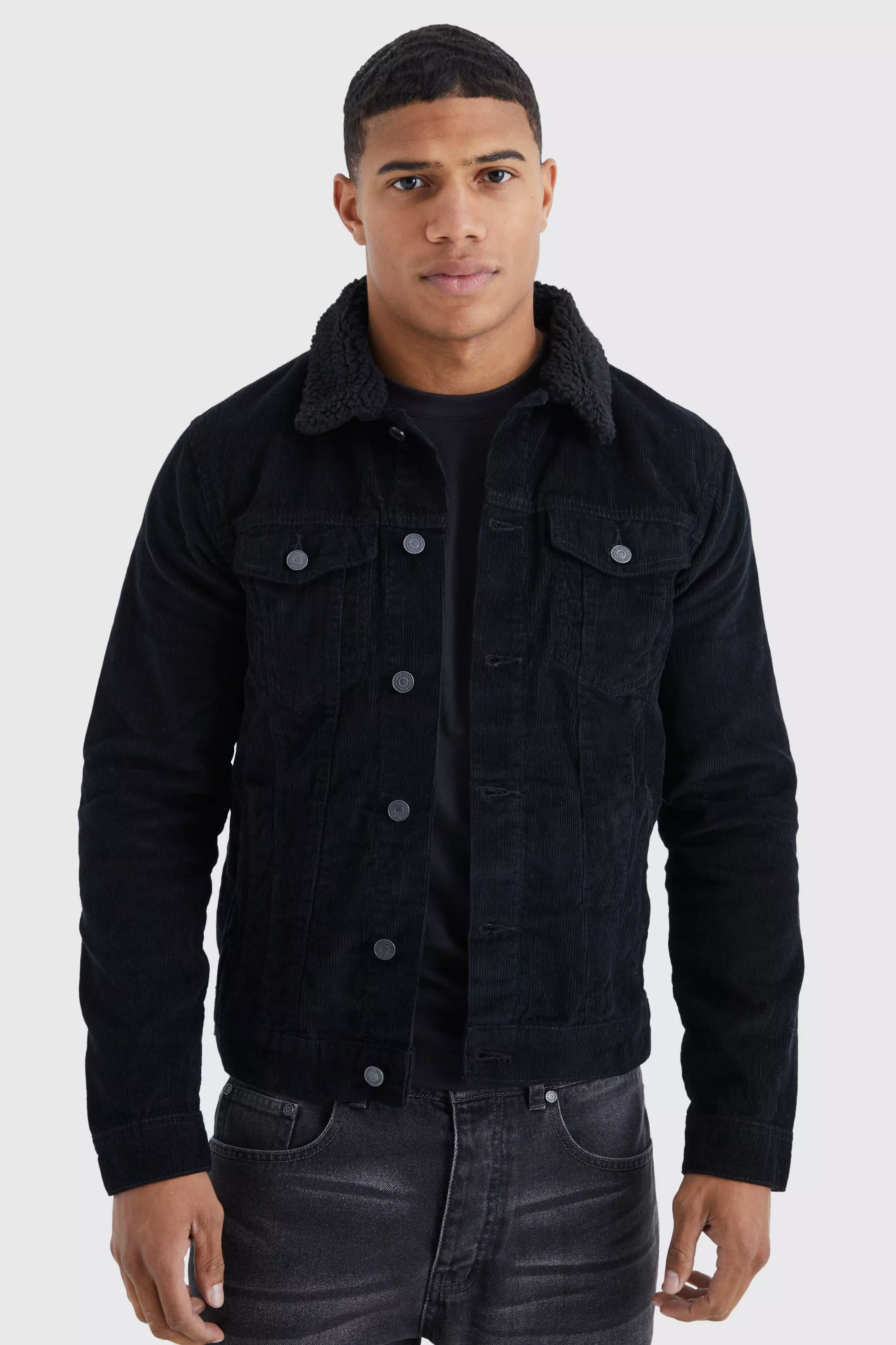 Regular Fit Cord Jacket With Borg Collar boohooMAN