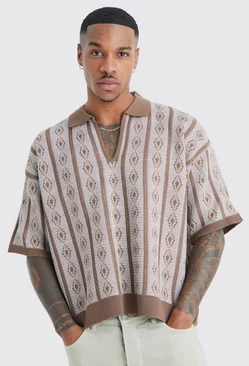 Boxy V Neck Jacquard Knitted Polo Taupe