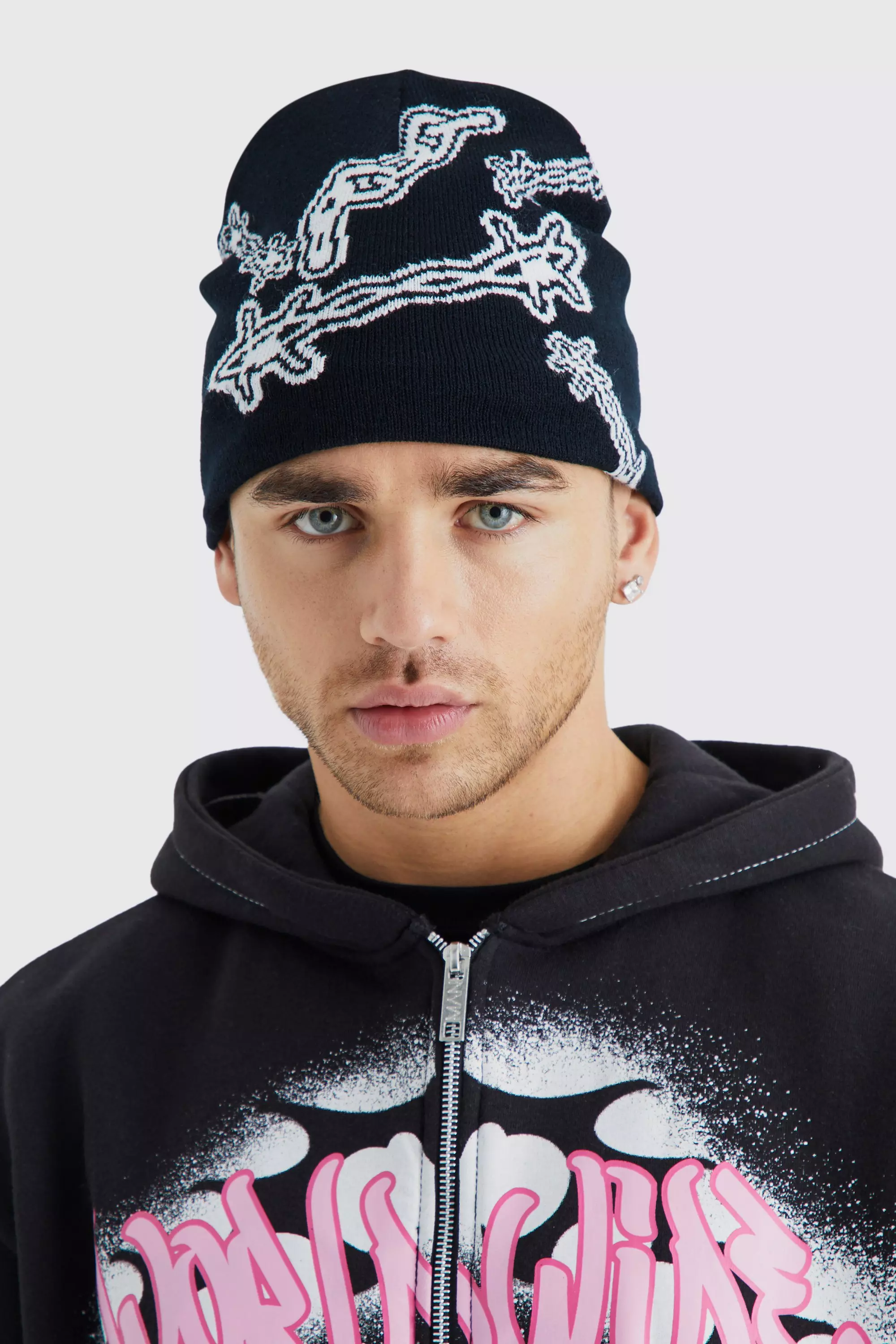 Jacquard Beanie mit Stacheldraht-Print, Black alternatives Bild