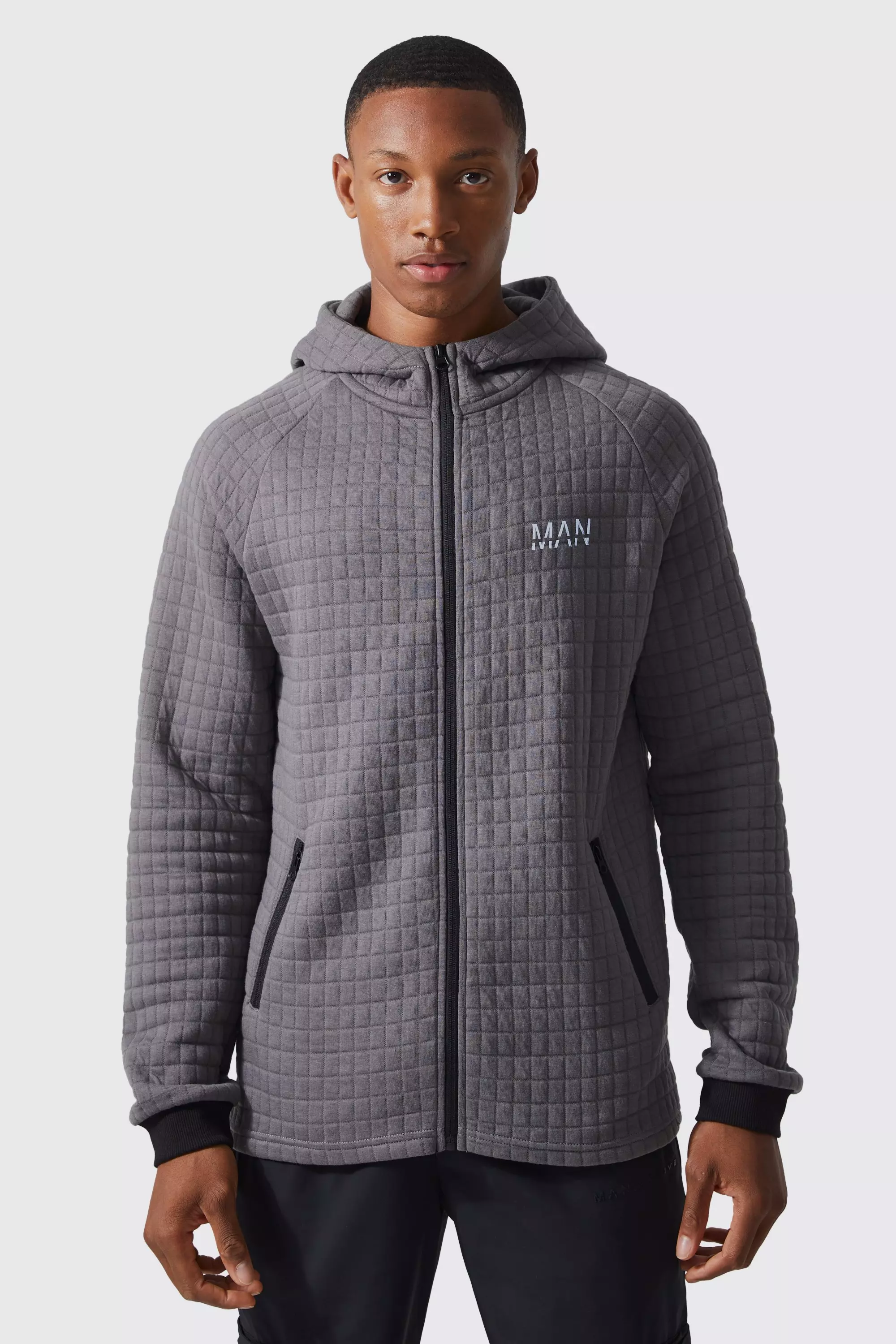 Charcoal Grey Active Textured Jersey Zip Through Hoodie