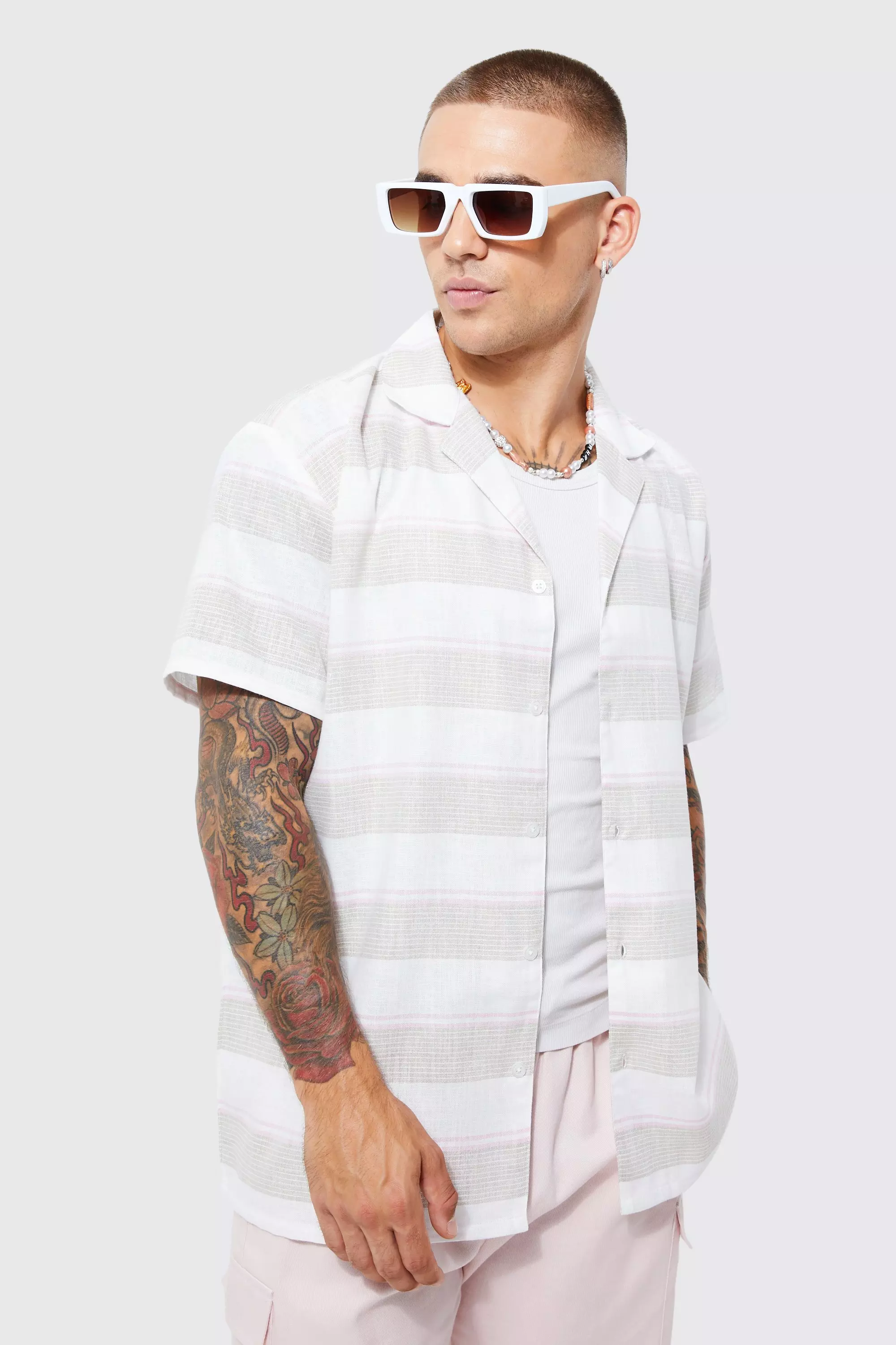 Short Sleeve Oversized Colour Pop Stripe Shirt Pink
