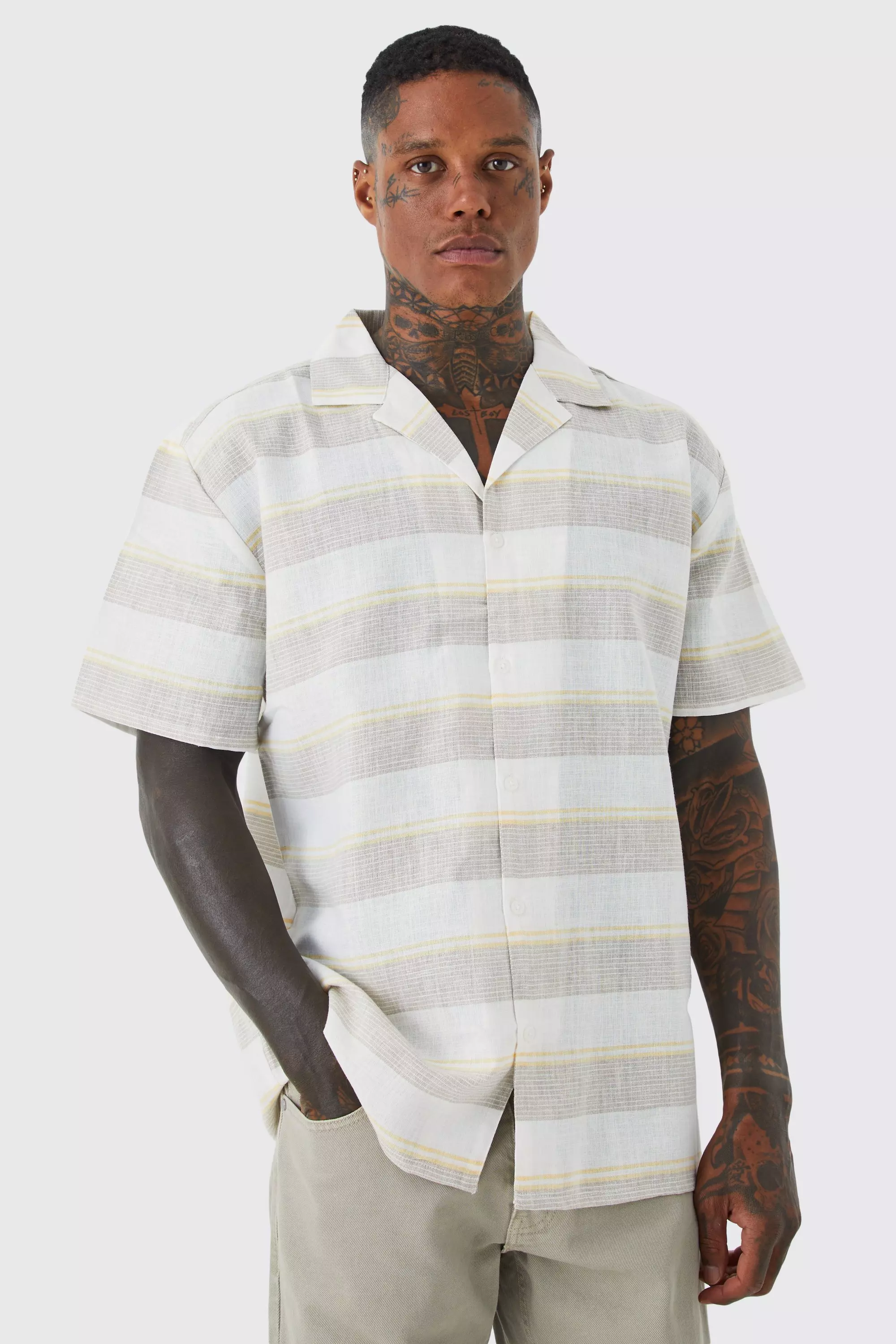 Short Sleeve Oversized Colour Pop Stripe Shirt Yellow