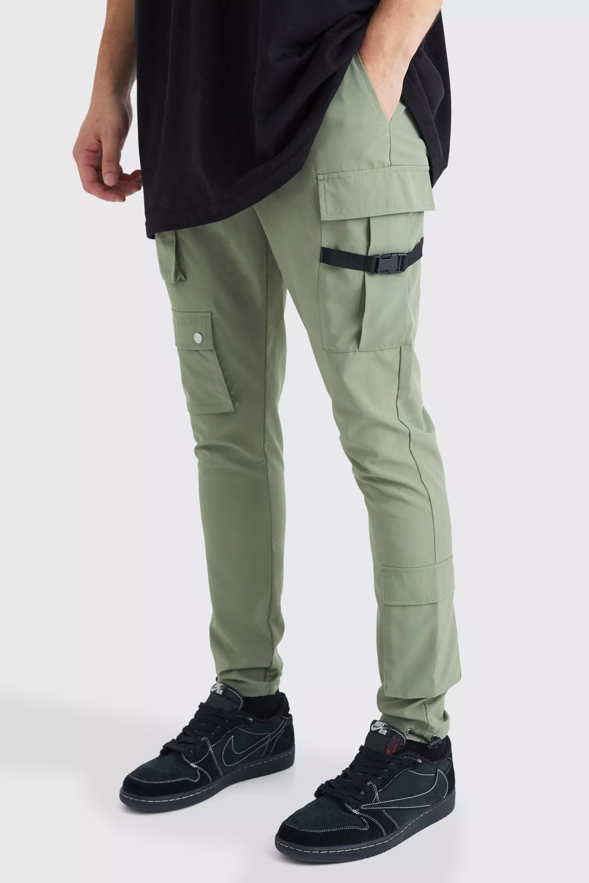 Skinny Multi Pocket Cargo Buckle Pants Olive