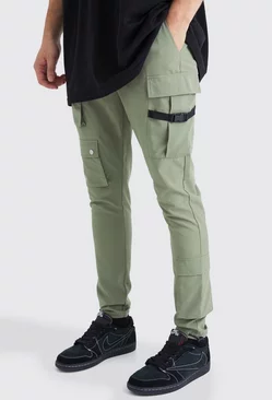 Skinny Multi Pocket Cargo Buckle Pants Olive