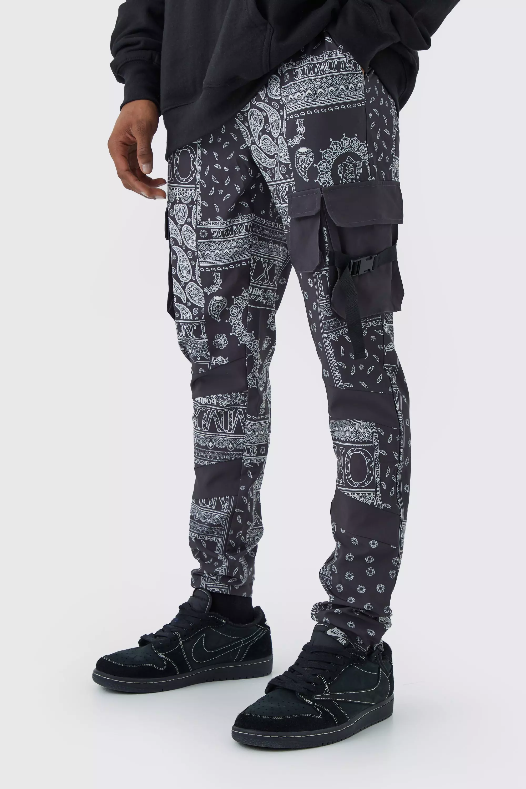 Charcoal Grey Skinny Bandana Multi Cargo Buckle Pants
