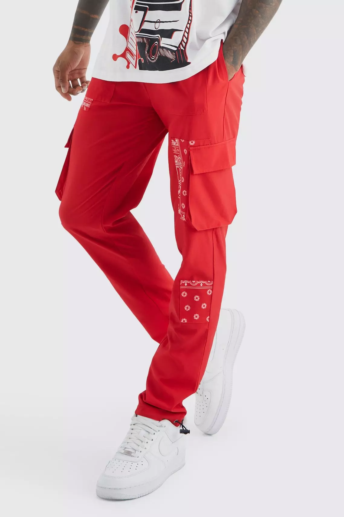 Red Slim Patched Bandana Multi Cargo Pants