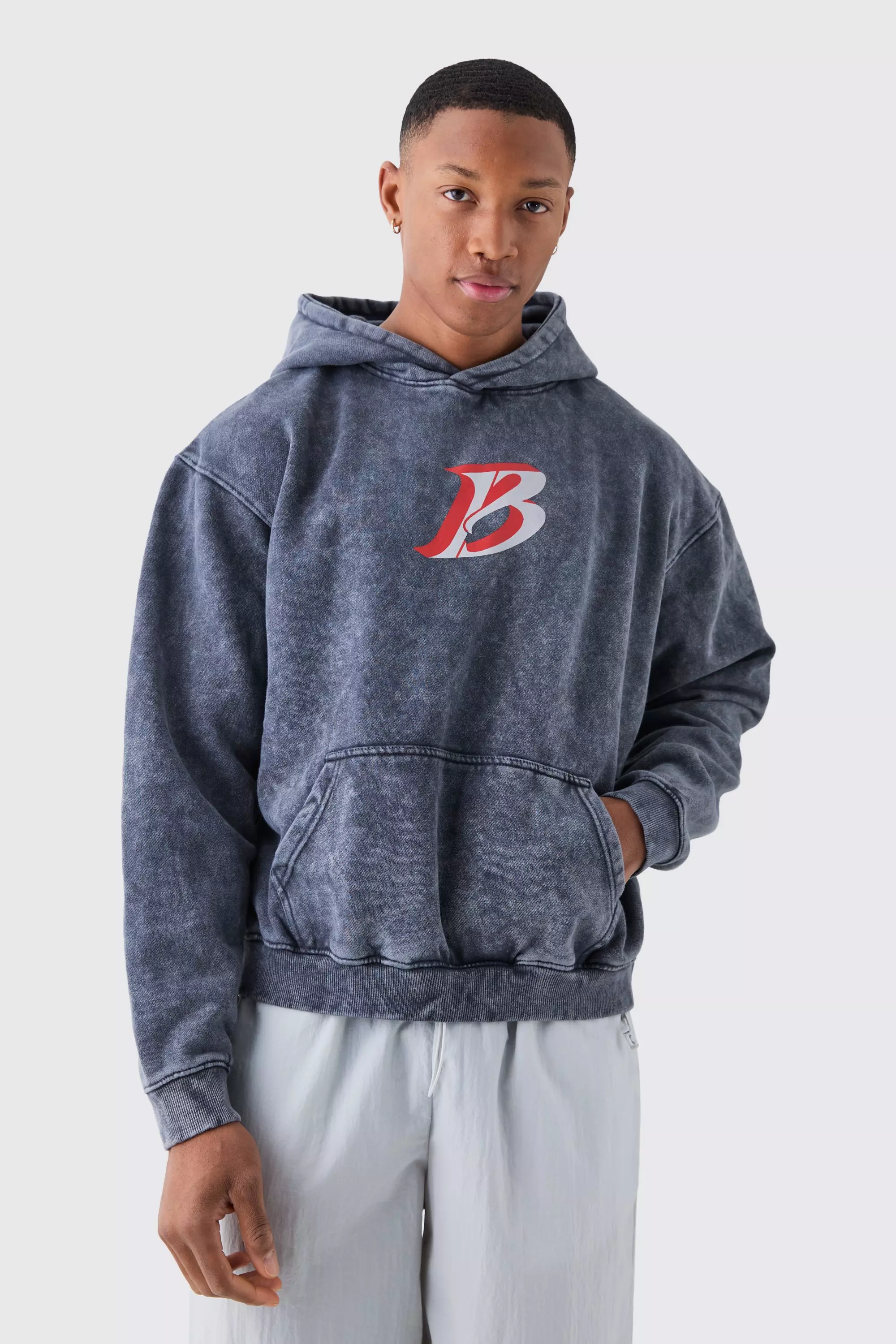 Oversized Boxy Acid Washed Hoodie Charcoal