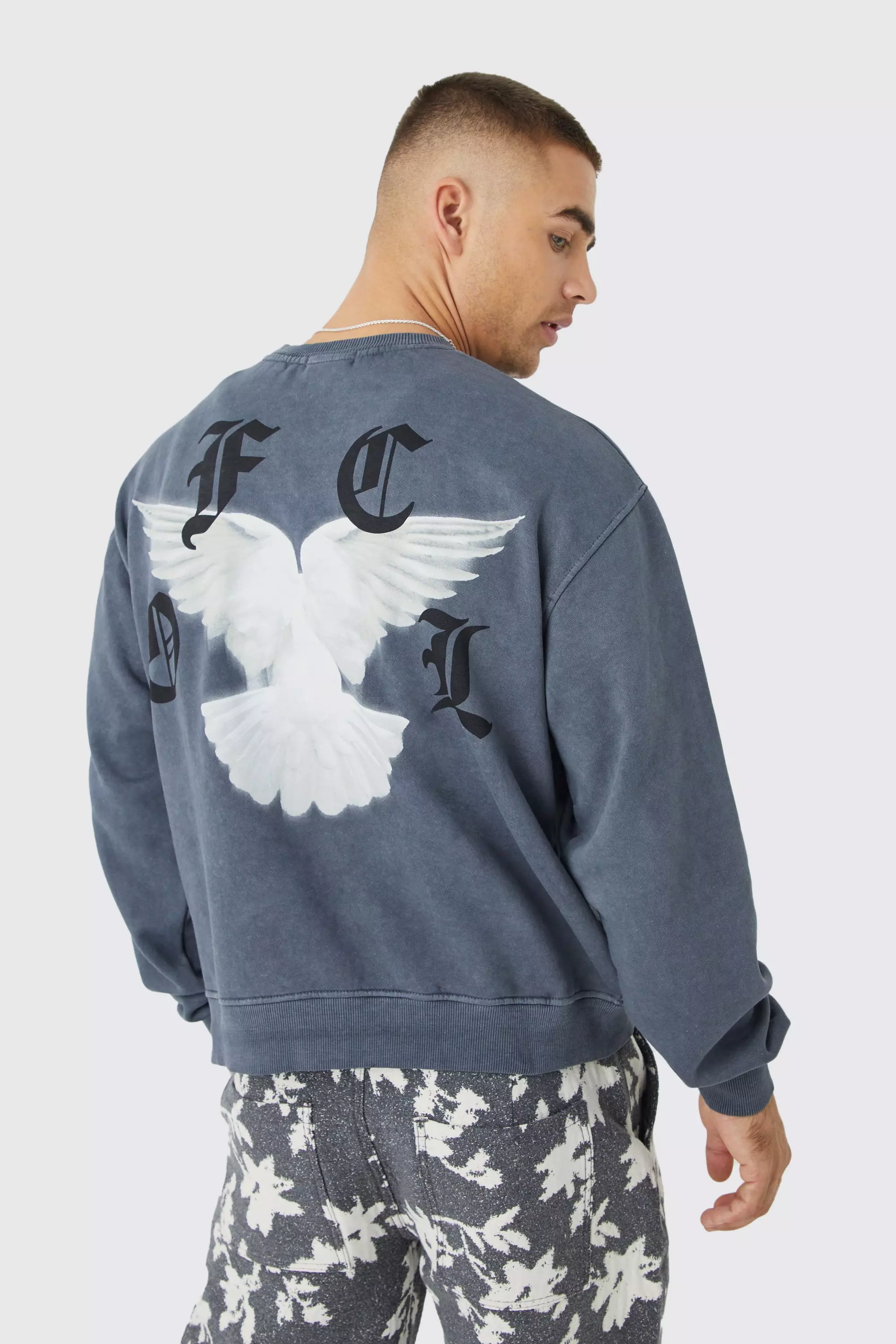 Charcoal Grey Oversized Boxy Acid Washed Graphic Sweatshirt