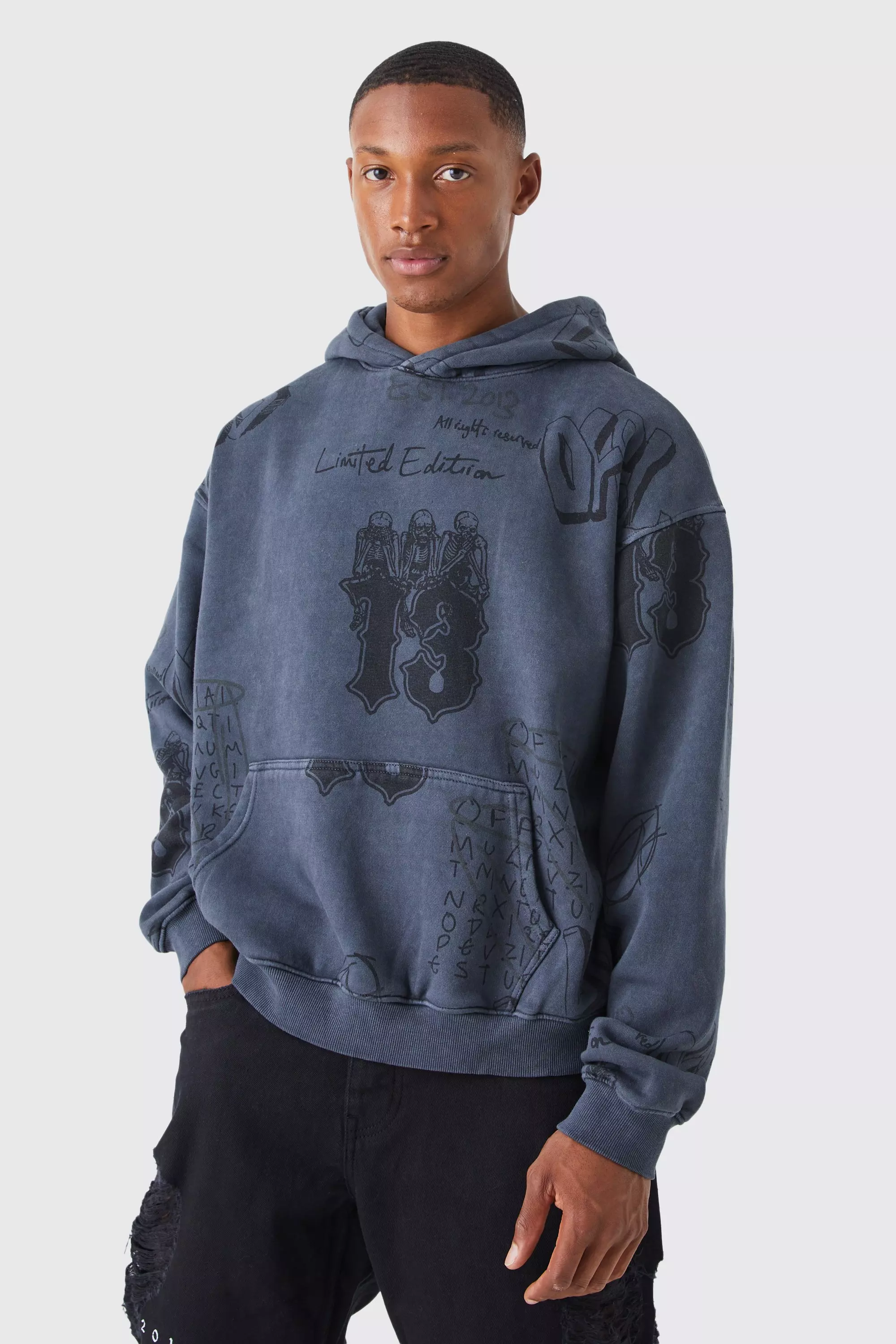 Oversized Boxy Acid Washed Graffiti Hoodie Charcoal