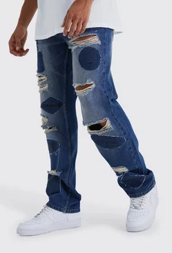 Blue Relaxed Rigid Applique Ripped Jeans