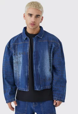 Blue Boxy Fit All Over Text Laser Print Jean Jackets